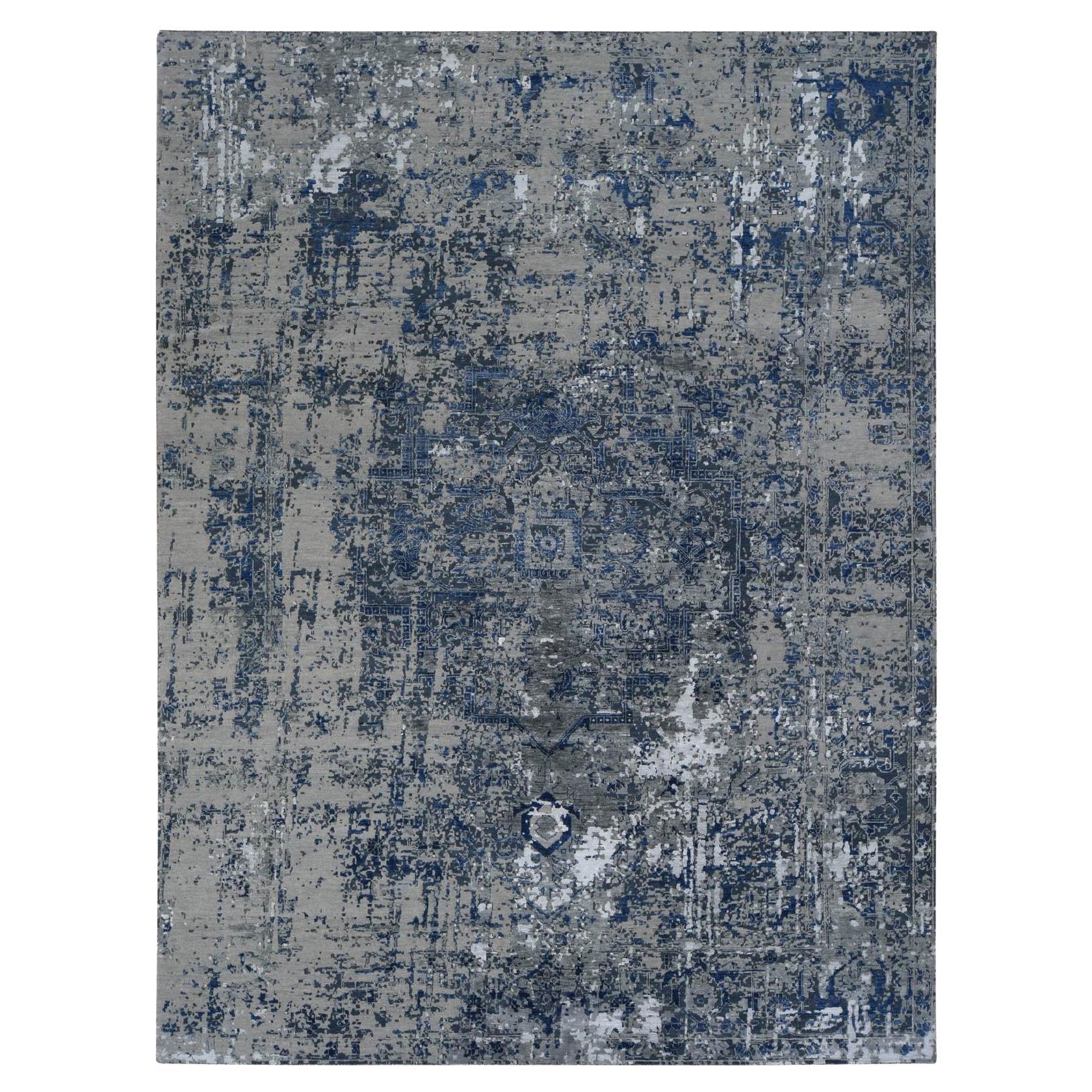 Astros Navy Blue Erased Heriz Design Wool-Silk Hand Knotted Fine Oriental Rug