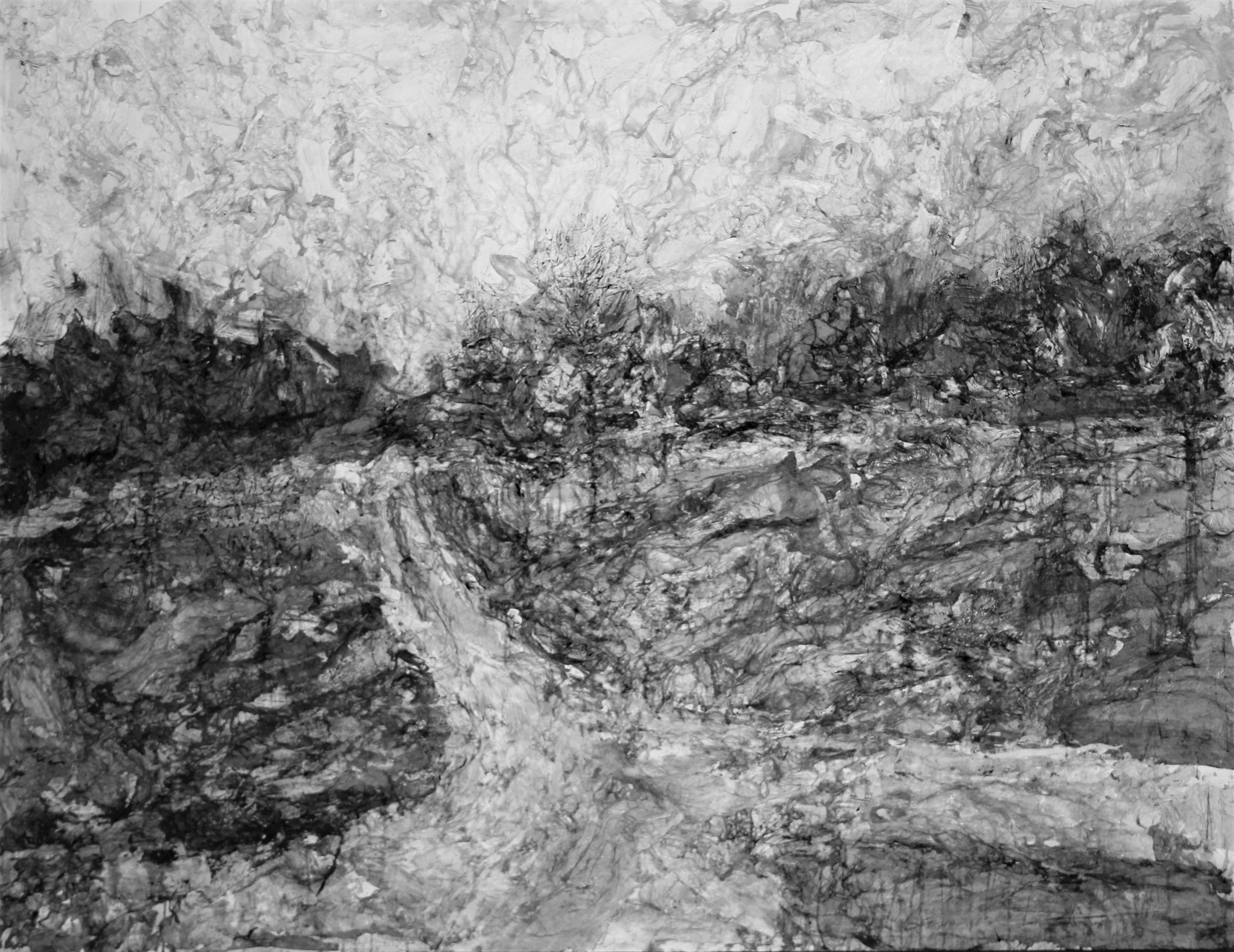 AsyaDodina SlavaPolishchuk Landscape Painting – Road 1, monochrome Landschaft, Schwarz-Weiß und Grau