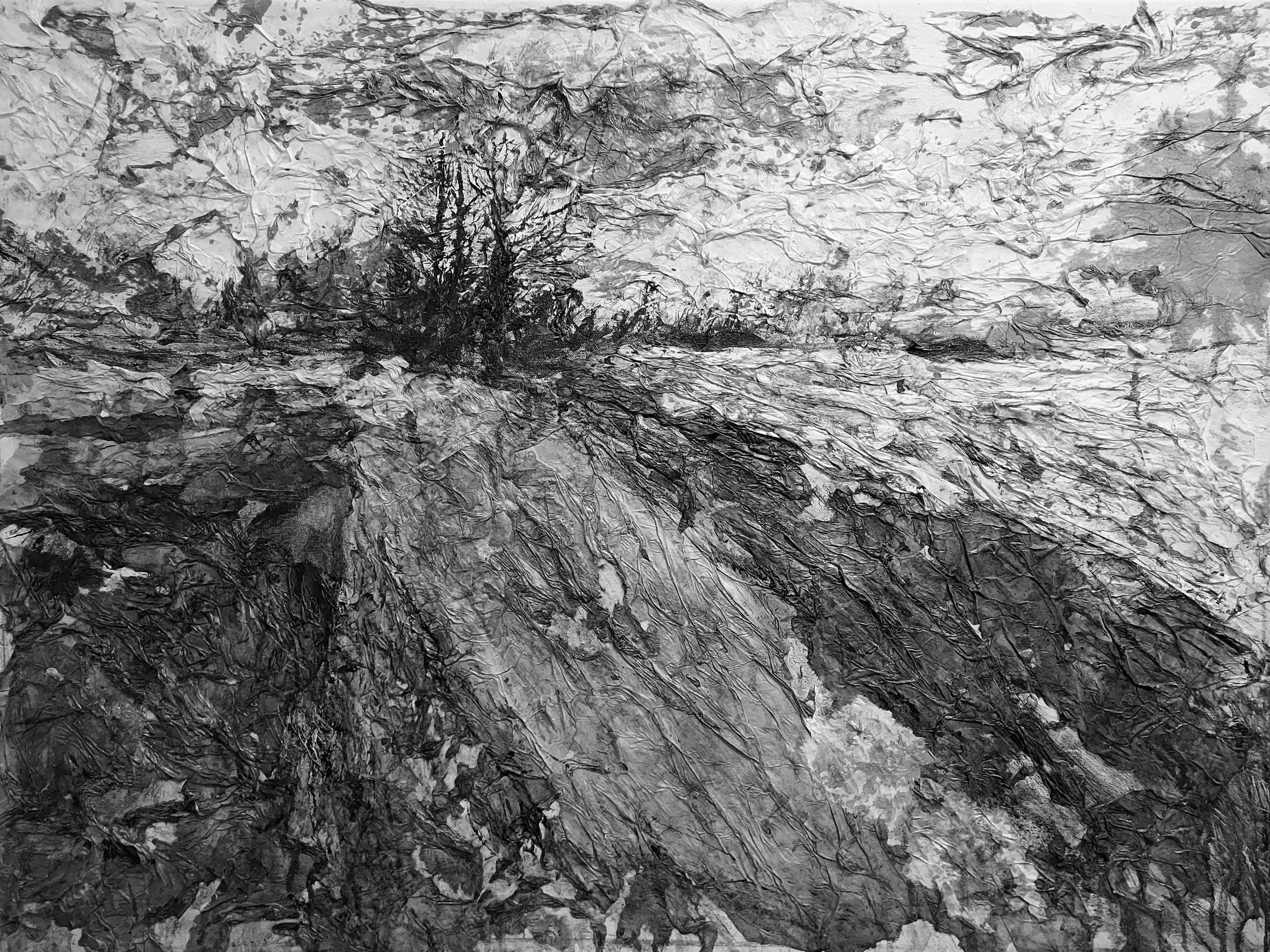 AsyaDodina SlavaPolishchuk Landscape Painting – Road XIII, monochrome Landschaft, Schwarz-Weiß und Grau