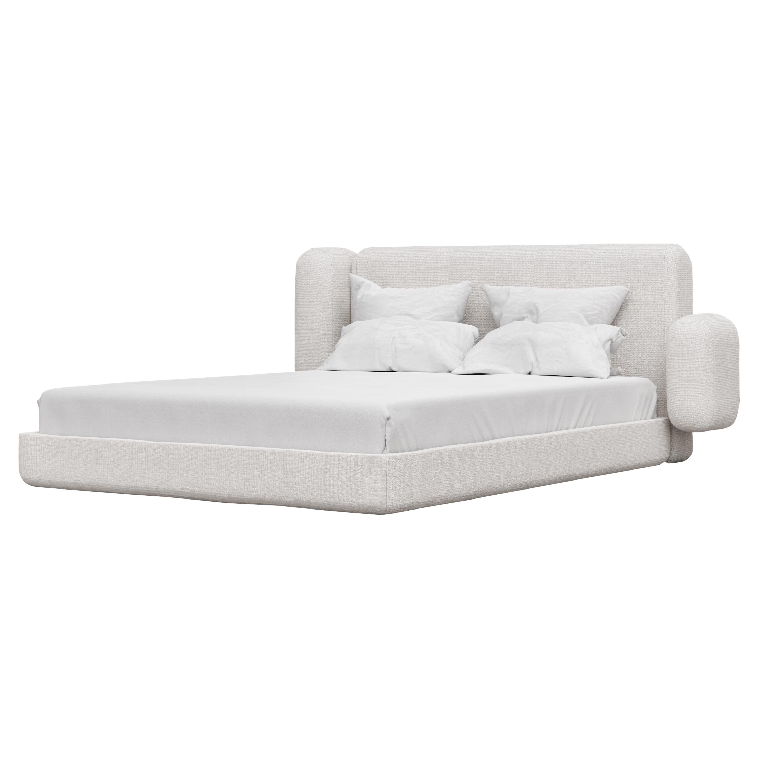 ASYM BED - Modern Asymmetrical Bed in Curly Lamb Boucle in Soft White For Sale