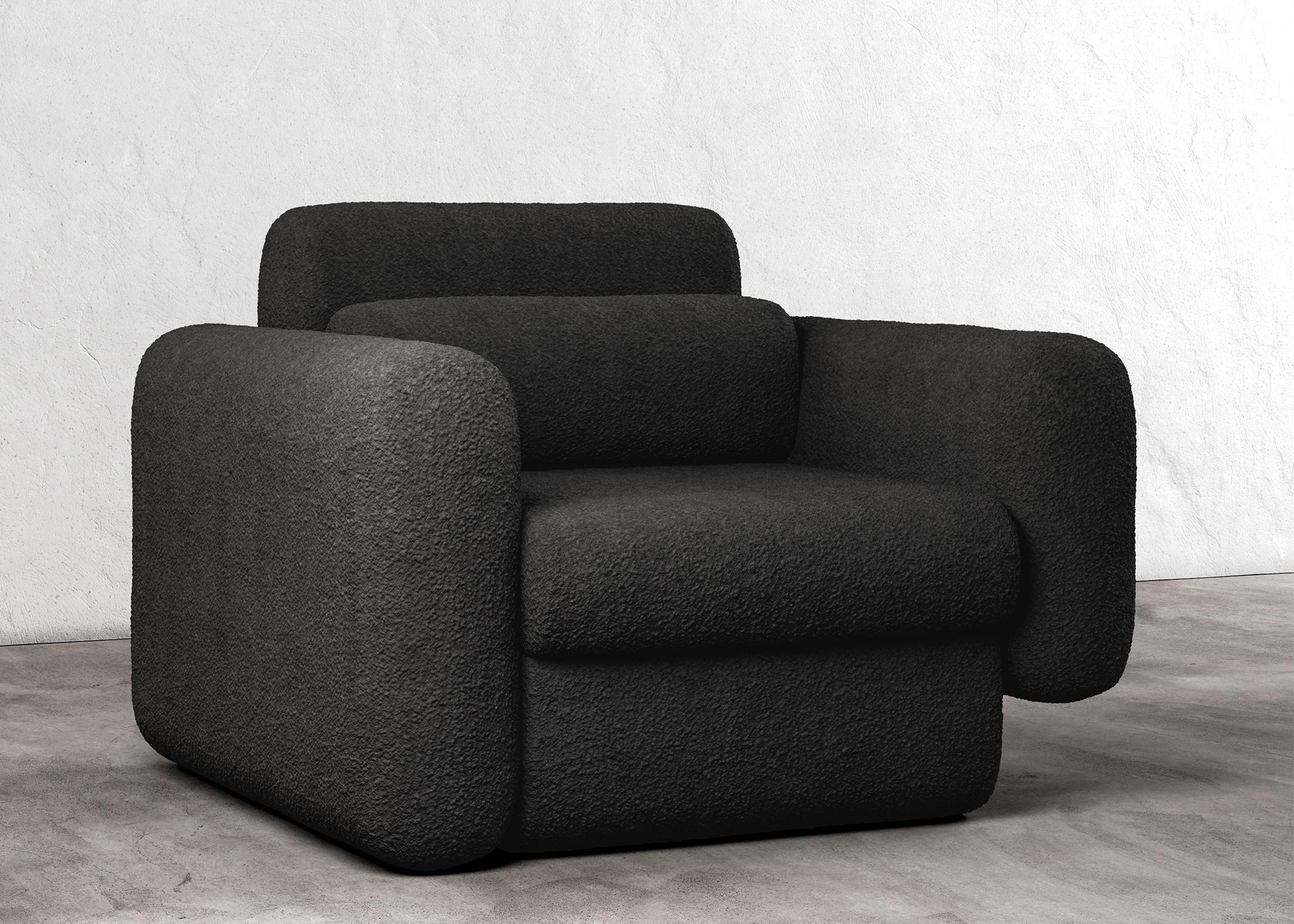 American ASYM CHAIR - Modern Asymmetrical Sectional Chair in Black Boucle For Sale
