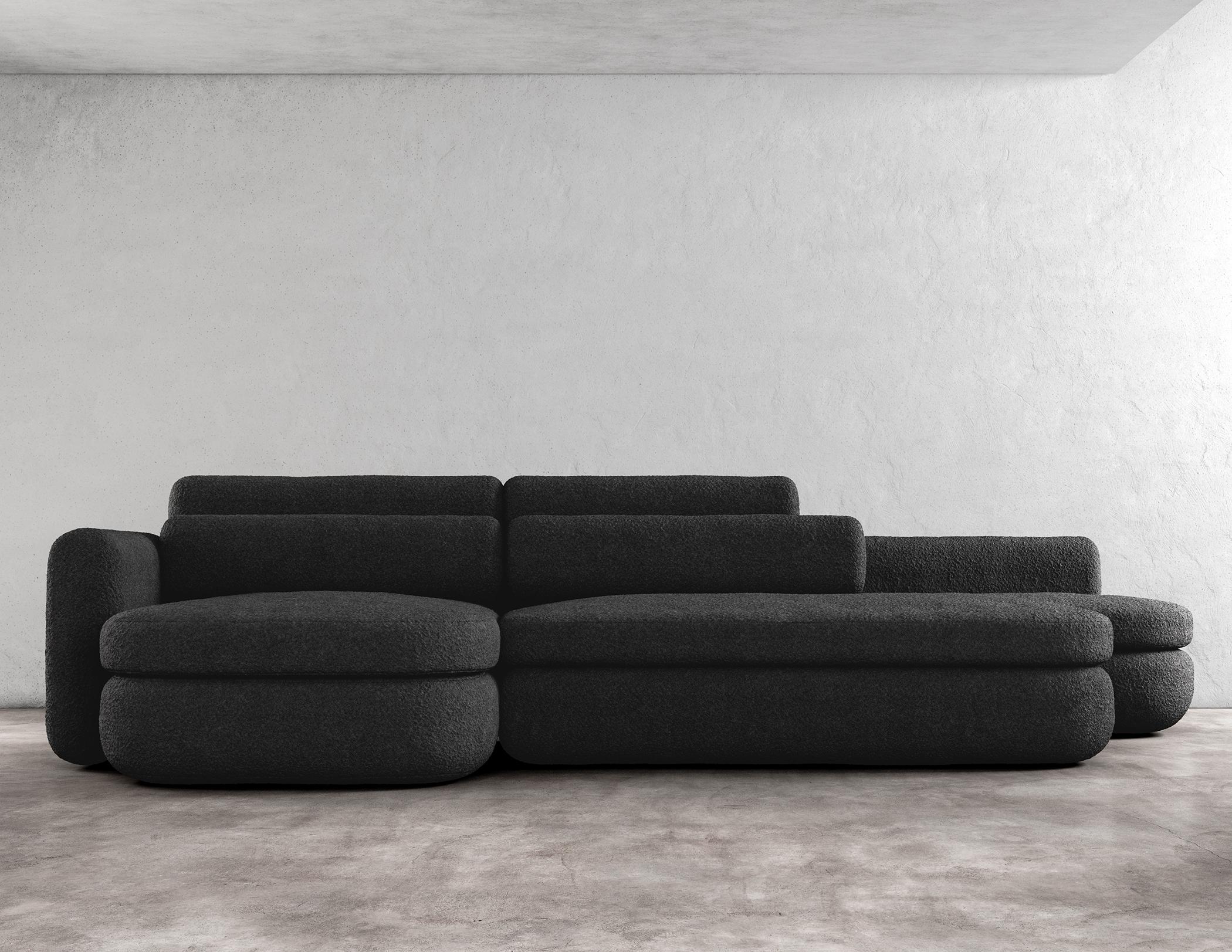 ASYM SECTIONAL - Modern Asymmetrical Sectional Sofa in Black Boucle In New Condition For Sale In Laguna Niguel, CA