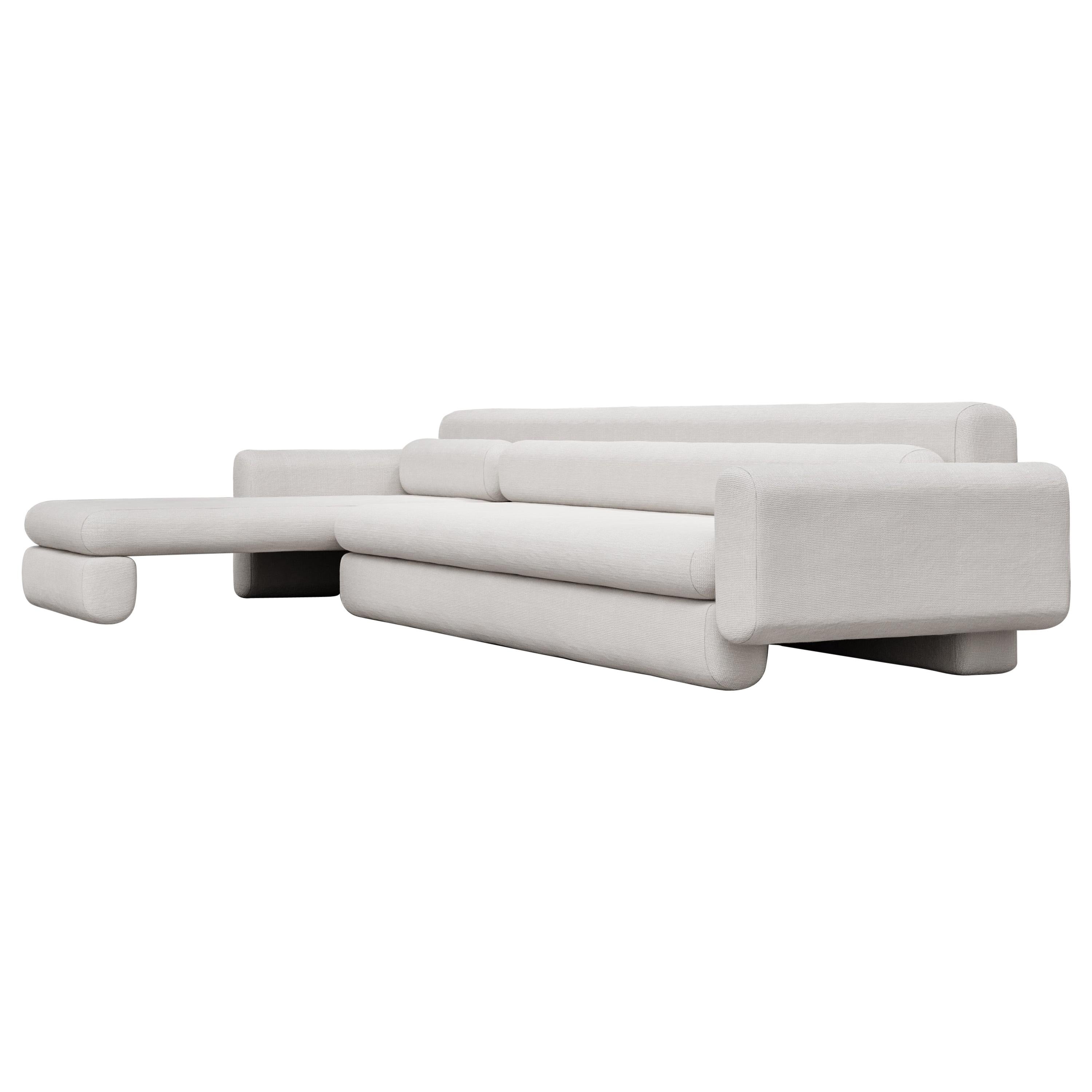Asym Sectional, Modern Asymmetrical Sectional Sofa in Cream Boucle