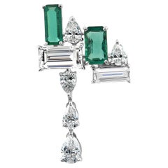 Asymmetric 3.36TCW Emerald Diamond Cluster 18K White Gold Brooch