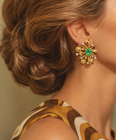 Asymmetric 6 Ct Colombian Emerald & Diamond Earrings, 18K Gold, 1970