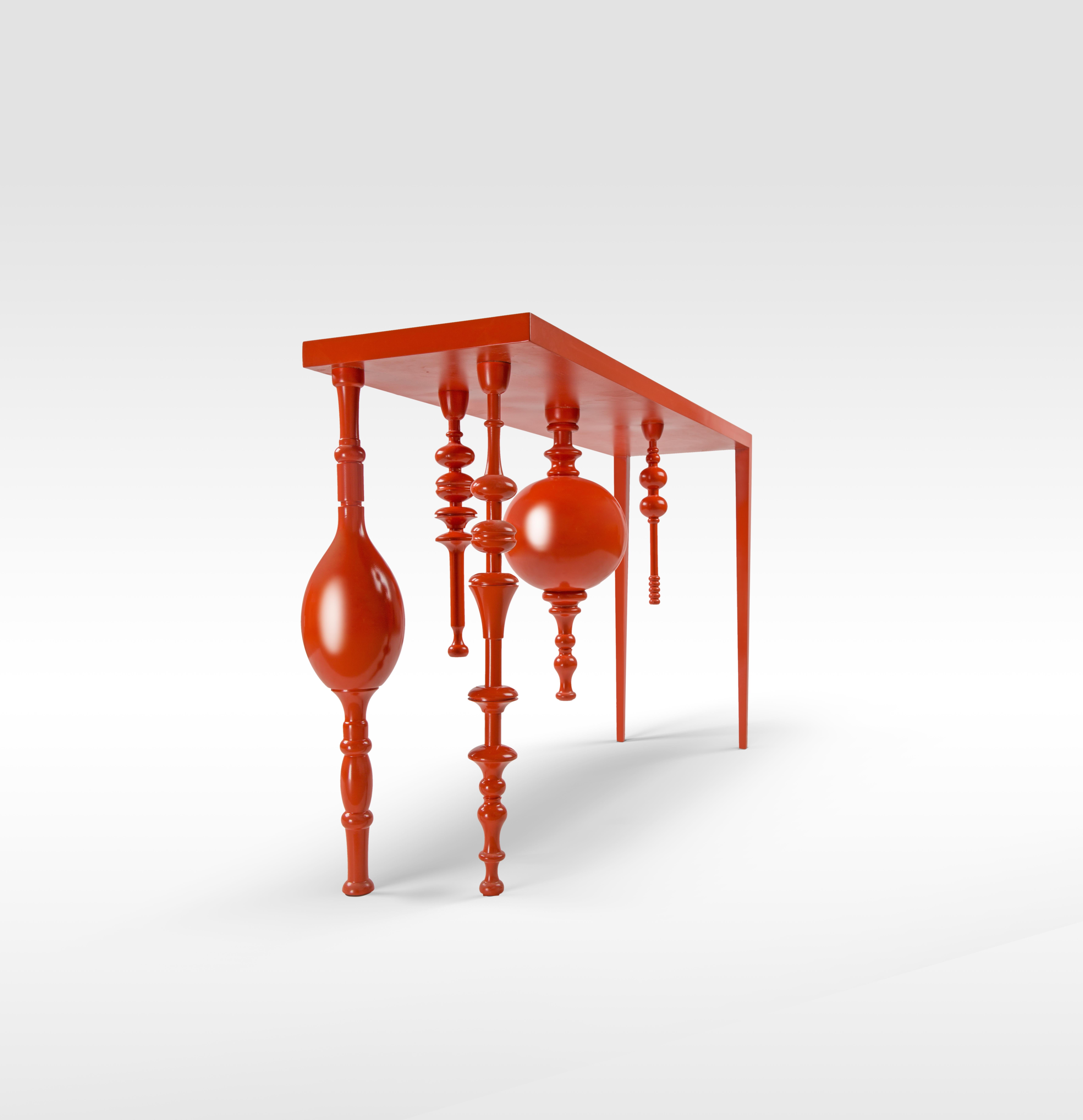 Modern Asymmetric Arabesque Inspired Console with Lacquered Wood in Bright Orange Color For Sale