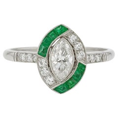 Asymmetric Art Deco Marquise Diamond Emerald Engagement Ring