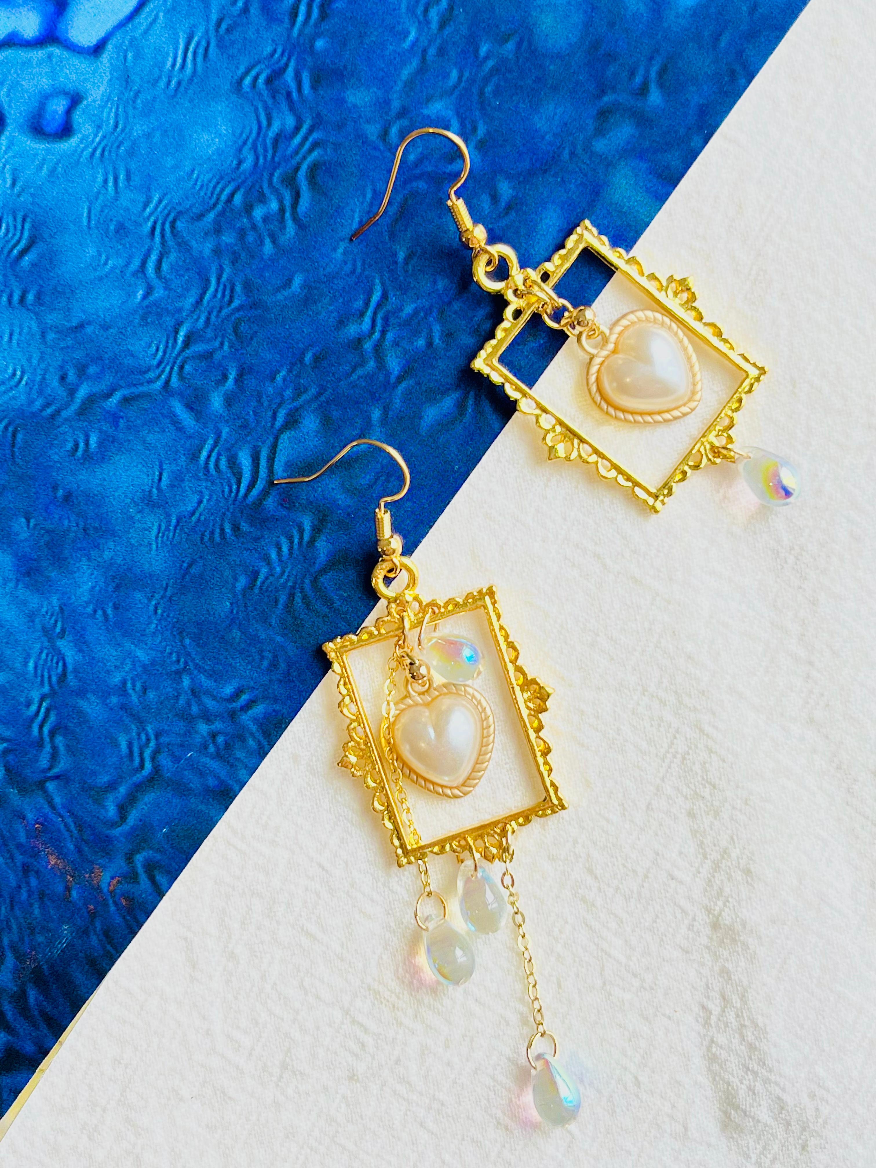 Art Nouveau Asymmetric Baroque Tassel Rectangle Frame Heart Pearl Tear Drop Pierced Earrings For Sale