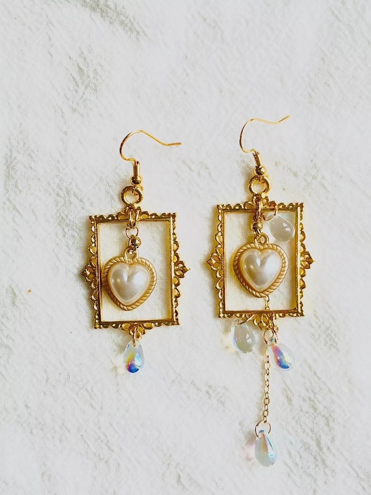 Asymmetric Baroque Tassel Rectangle Frame Heart Pearl Tear Drop Pierced Earrings For Sale 1