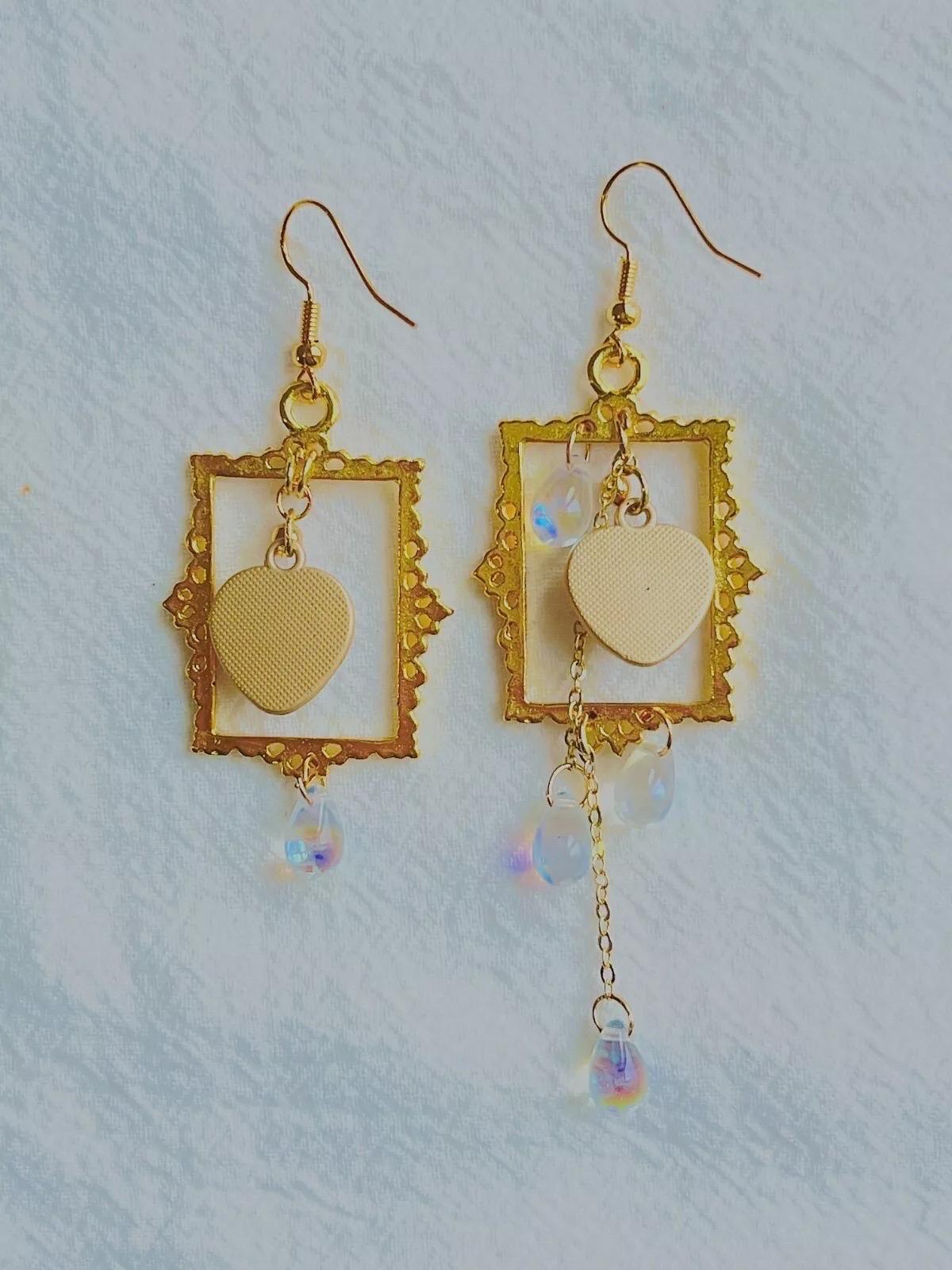 Asymmetric Baroque Tassel Rectangle Frame Heart Pearl Tear Drop Pierced Earrings For Sale 3