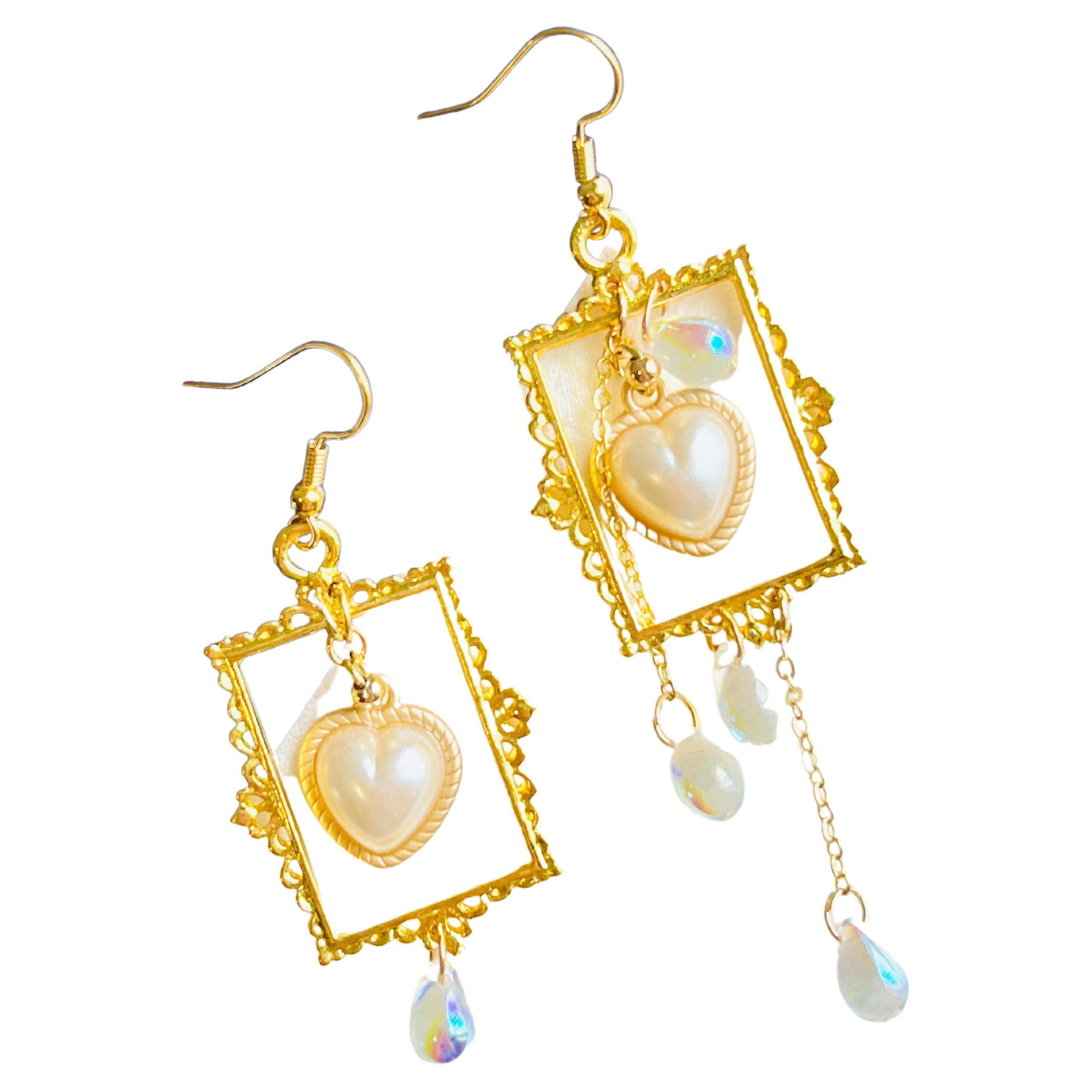Asymmetric Baroque Tassel Rectangle Frame Heart Pearl Tear Drop Pierced Earrings For Sale