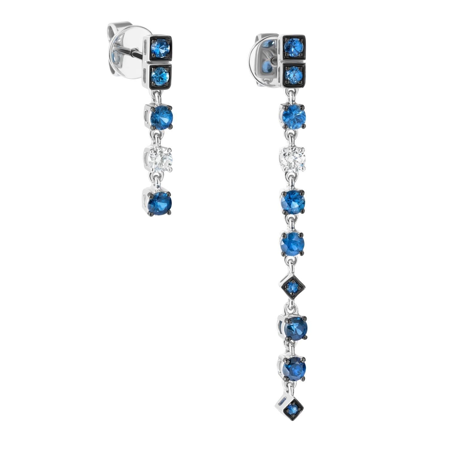 Modern Asymmetric Blue Sapphire White Diamond White Gold Dangle Fashion Earrings For Sale