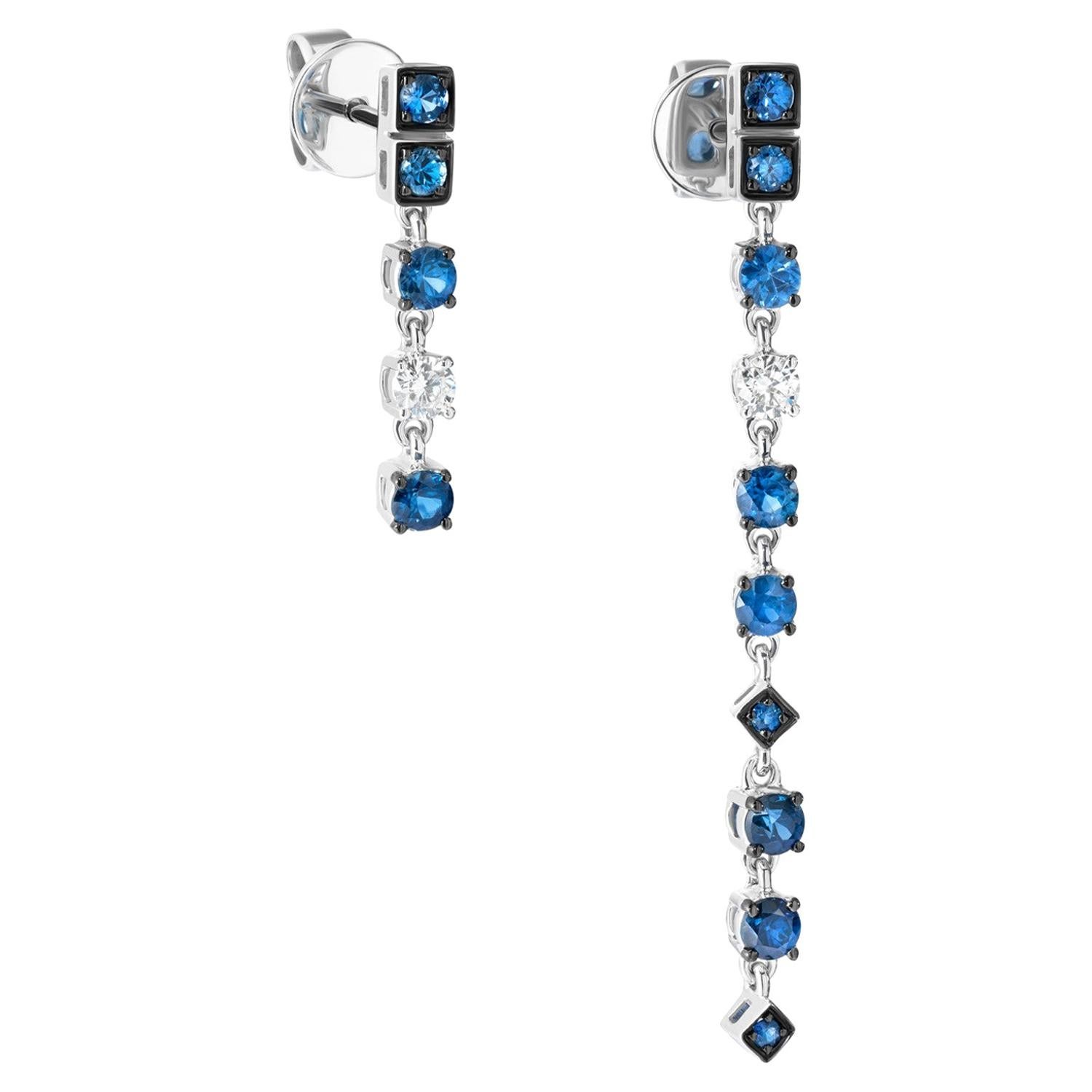 Asymmetric Blue Sapphire White Diamond White Gold Dangle Fashion Earrings For Sale