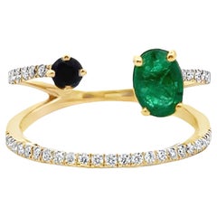 Asymmetric Bypass Style Sapphire & Emerald Ring in 14K Yellow Gold with Diamonds