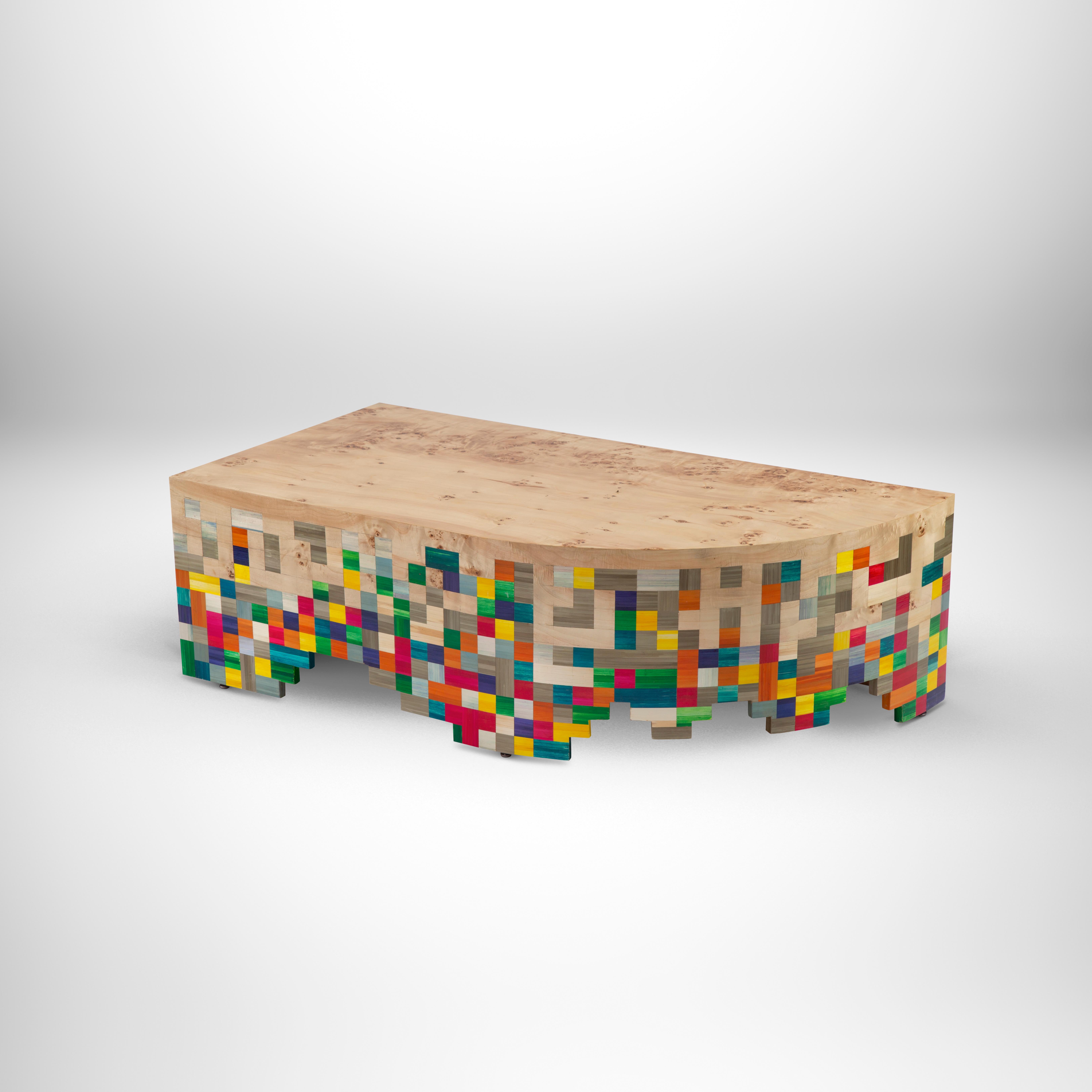 Modern Asymmetric Colorful Hand-Laid Straw Coffee Table with Rare Apple Rind Veneer For Sale