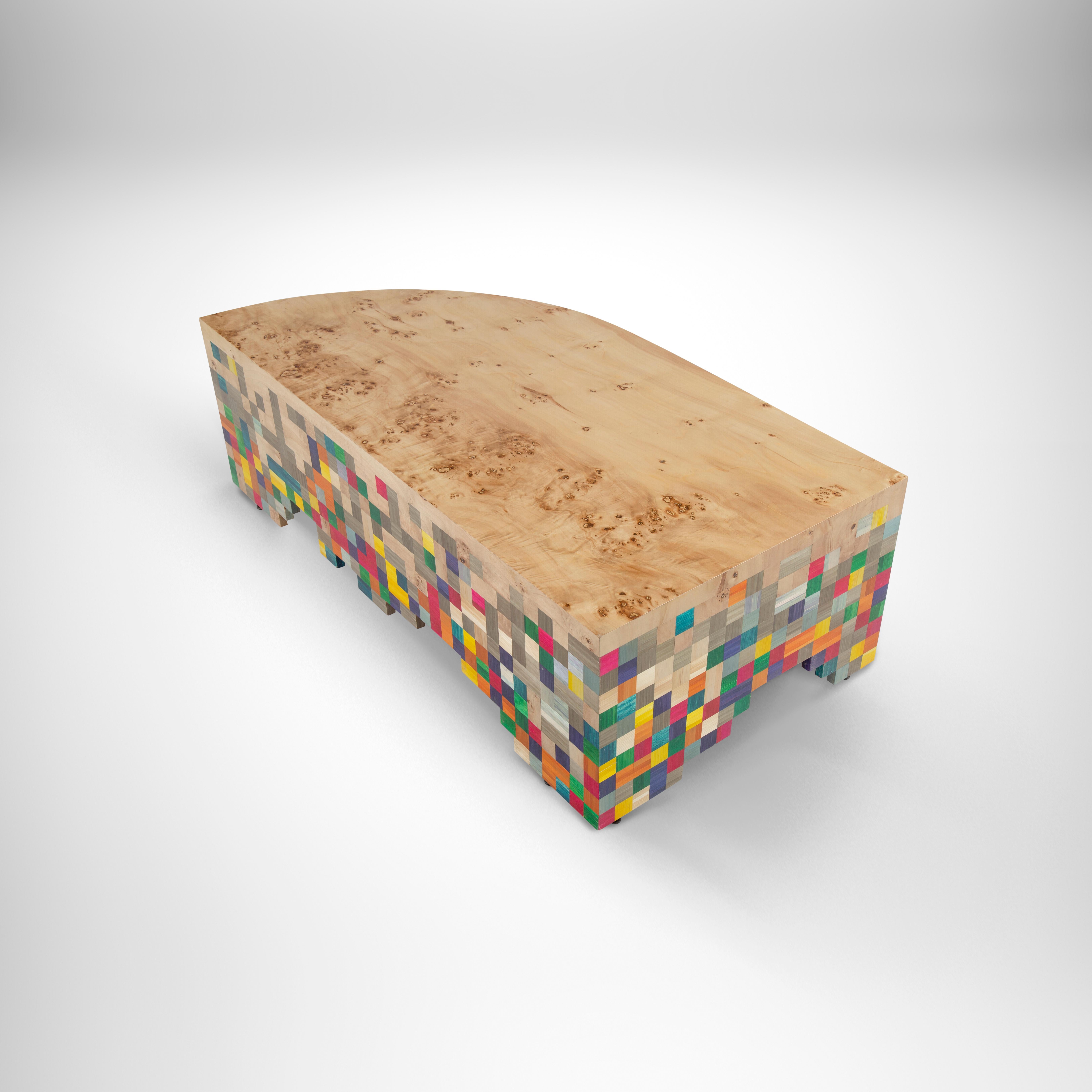 Egyptian Asymmetric Colorful Hand-Laid Straw Coffee Table with Rare Apple Rind Veneer For Sale