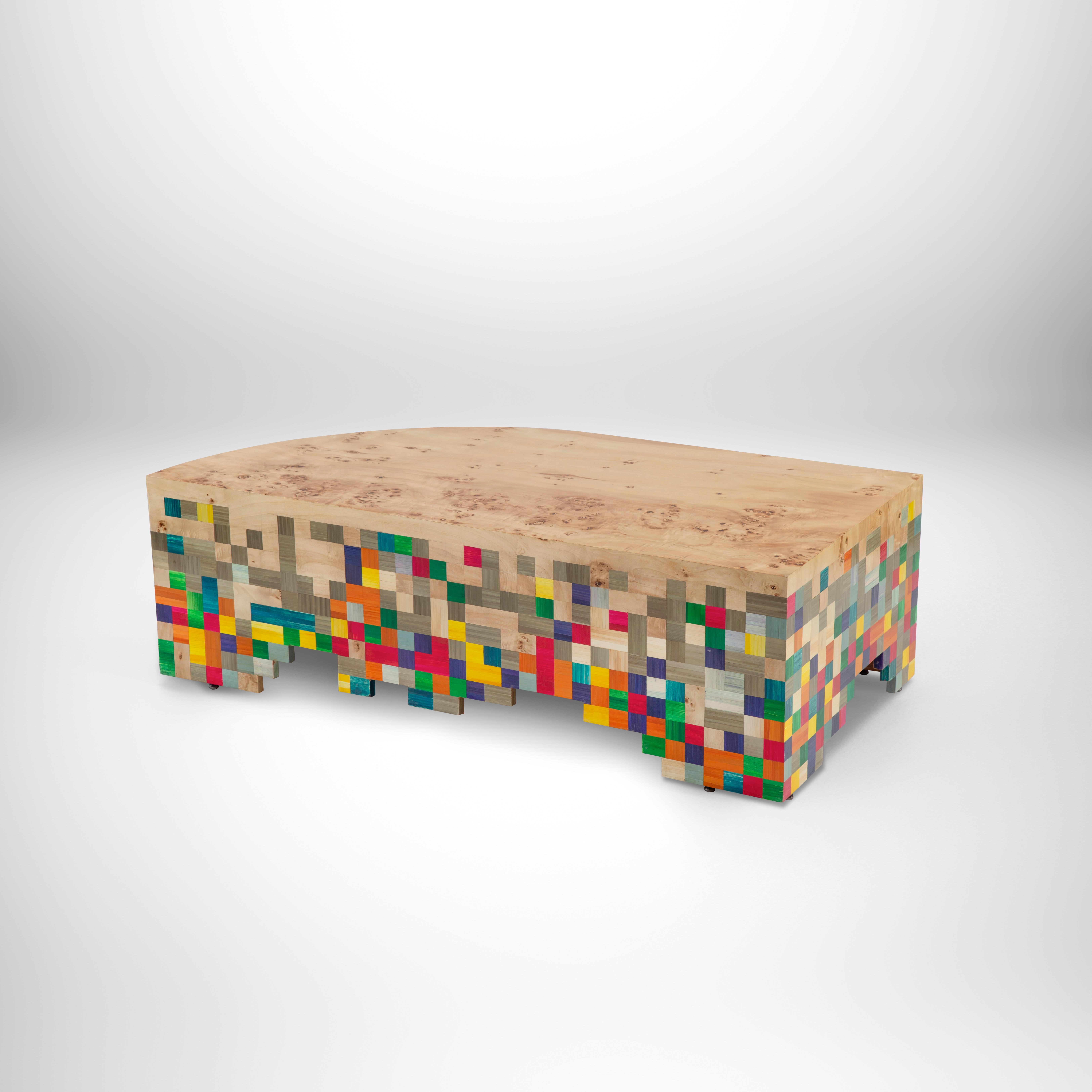 Hand-Crafted Asymmetric Colorful Hand-Laid Straw Coffee Table with Rare Apple Rind Veneer For Sale