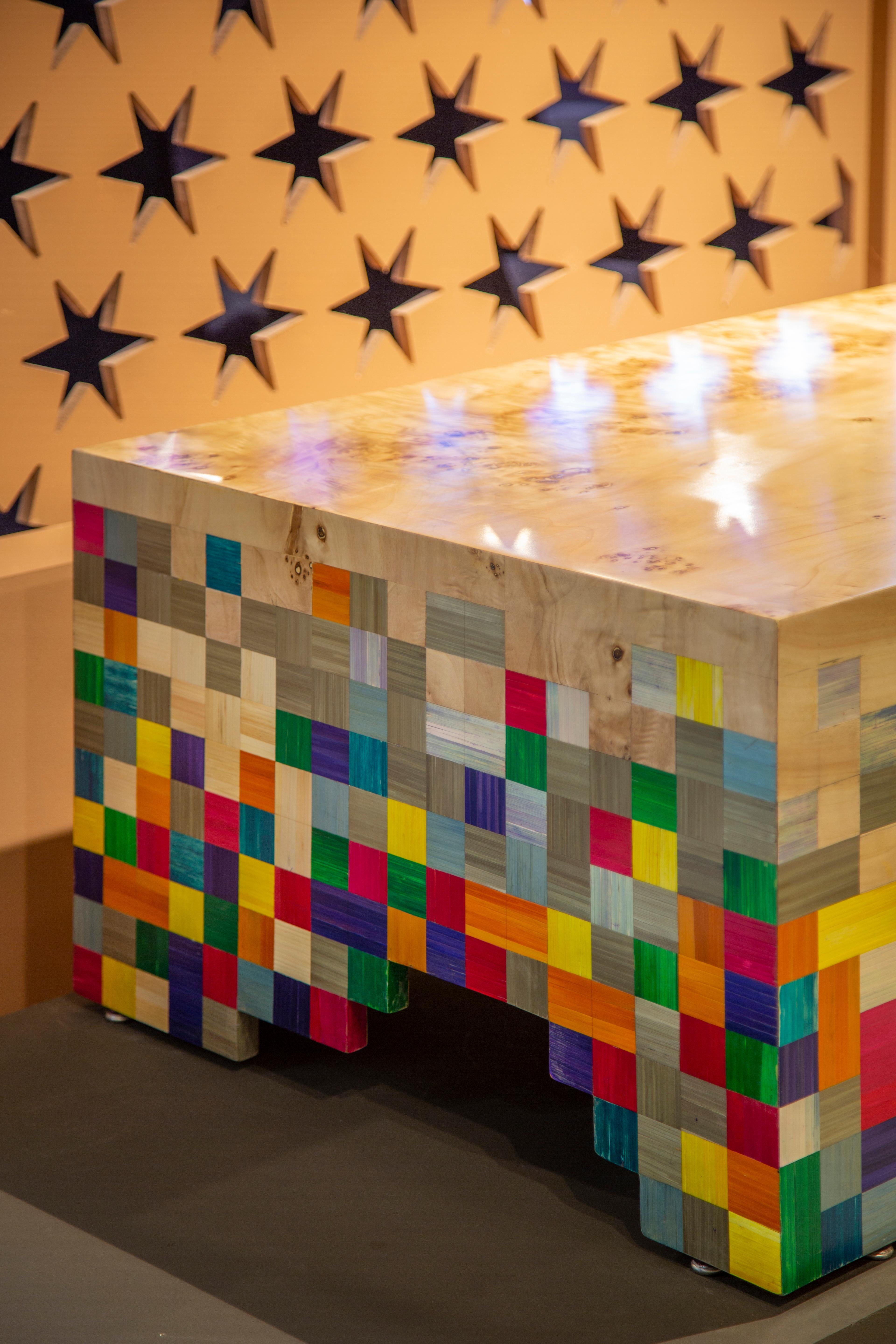 Contemporary Asymmetric Colorful Hand-Laid Straw Coffee Table with Rare Apple Rind Veneer For Sale