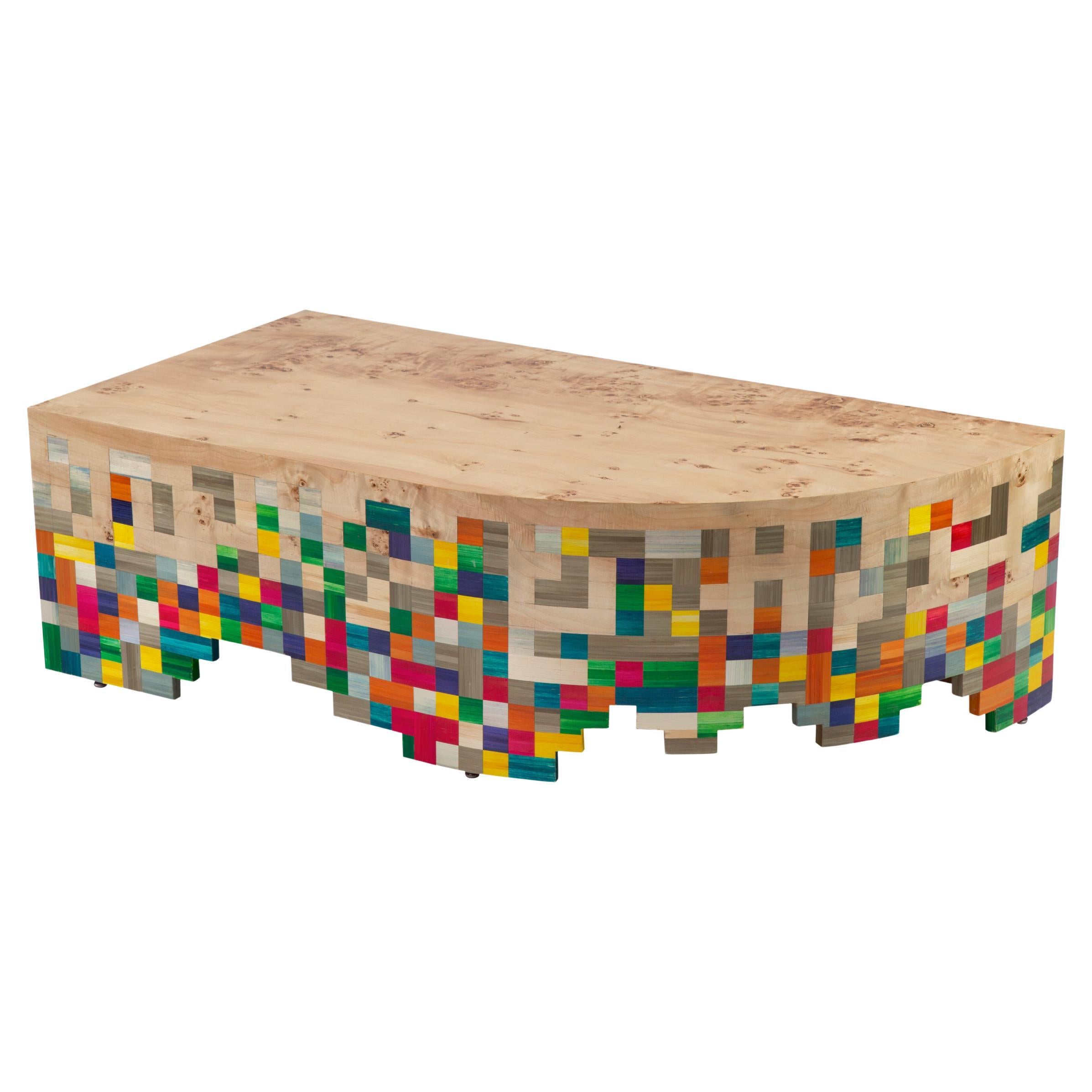 Asymmetric Colorful Hand-Laid Straw Coffee Table with Rare Apple Rind Veneer For Sale