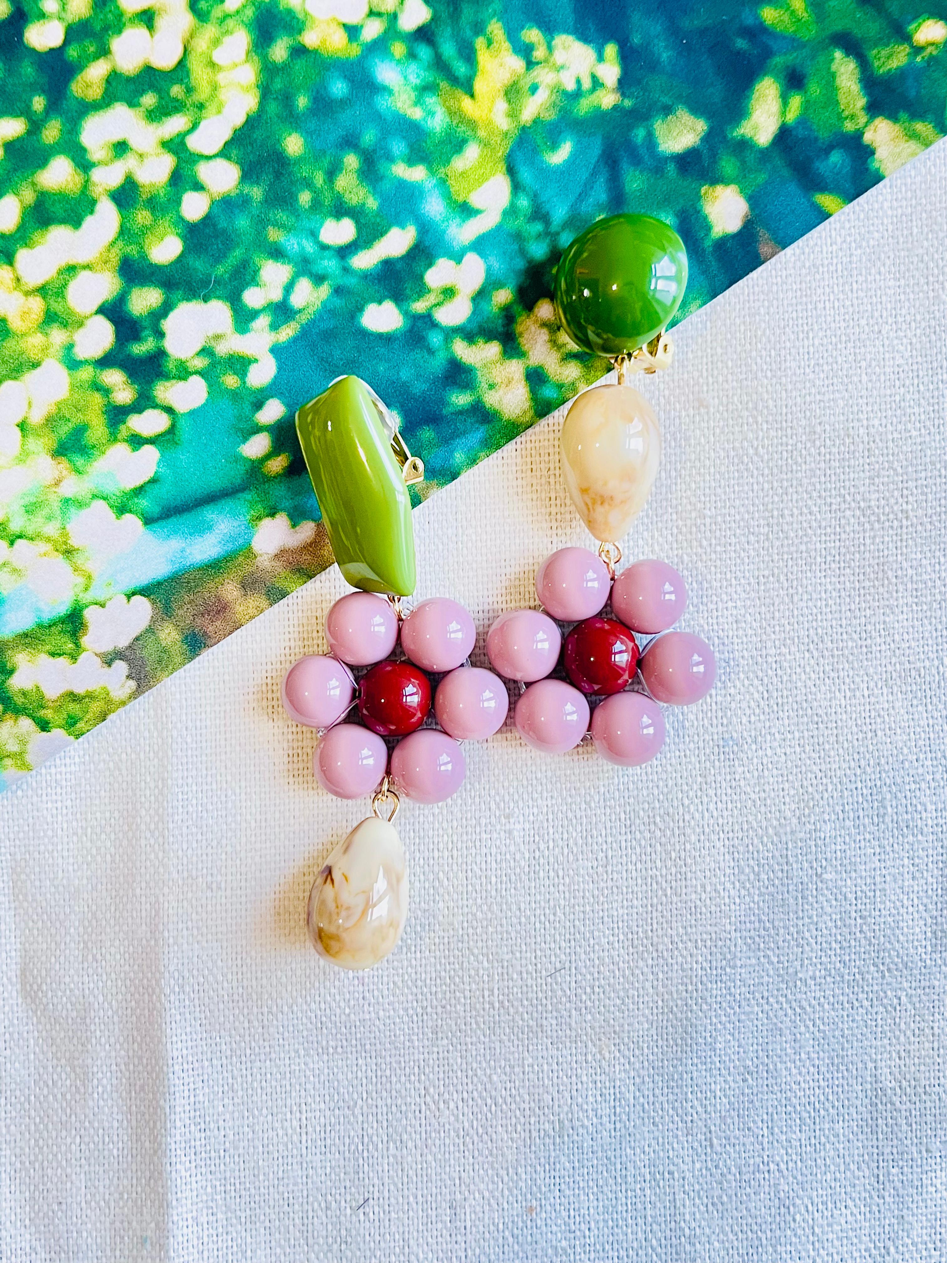 Art Deco Asymmetric Dust Purple Flower Green Beige Pendant Chunky Drop Clip Earrings For Sale