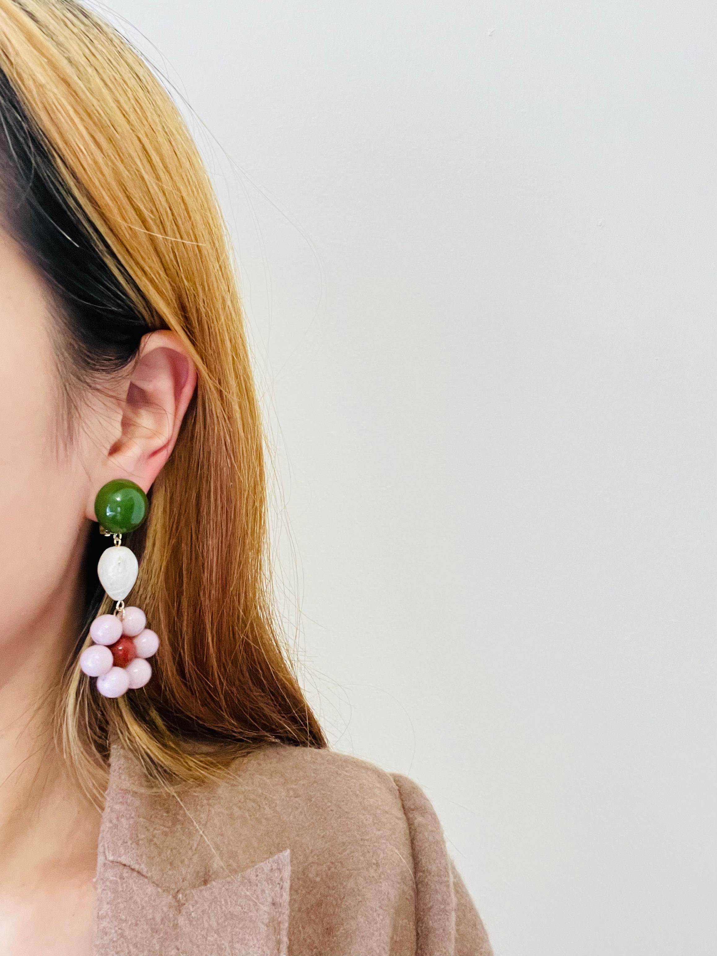 Women's or Men's Asymmetric Dust Purple Flower Green Beige Pendant Chunky Drop Clip Earrings For Sale