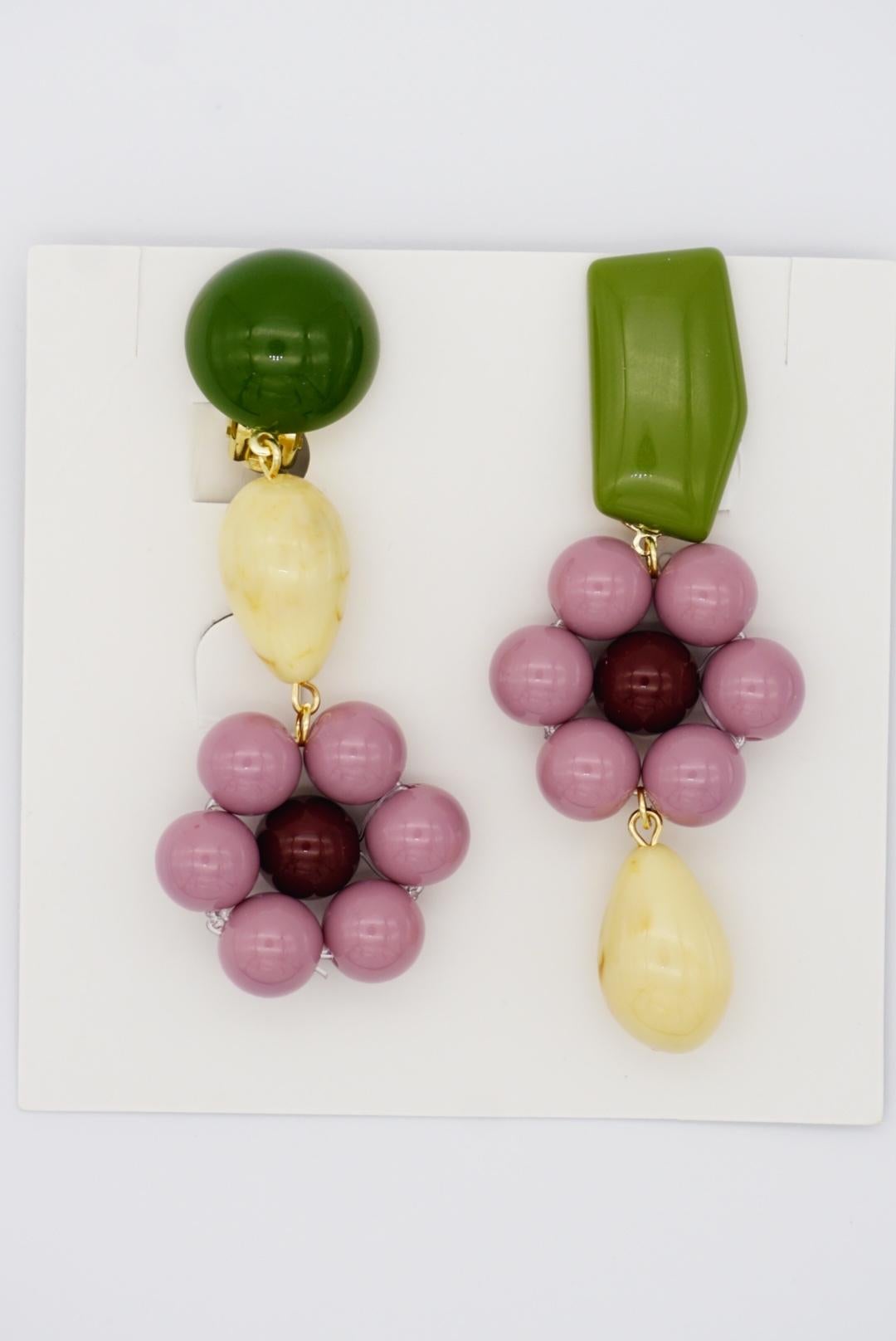 Asymmetric Dust Purple Flower Green Beige Pendant Chunky Drop Clip Earrings For Sale 1