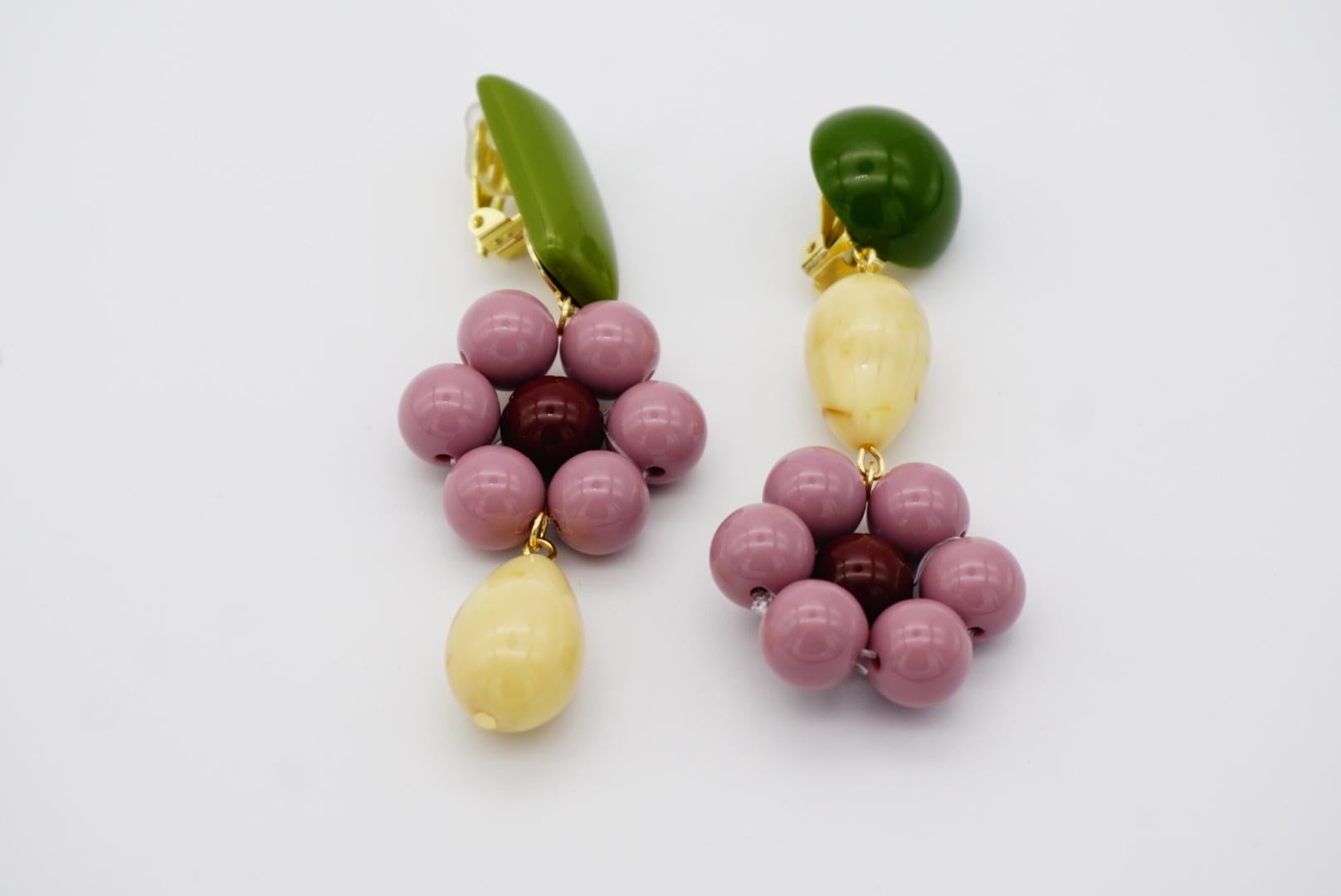 Asymmetric Dust Purple Flower Green Beige Pendant Chunky Drop Clip Earrings For Sale 2