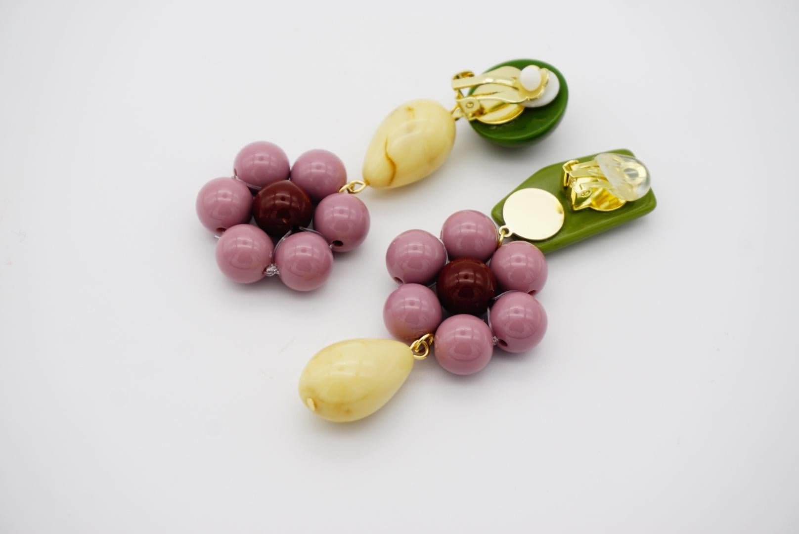 Asymmetric Dust Purple Flower Green Beige Pendant Chunky Drop Clip Earrings For Sale 3