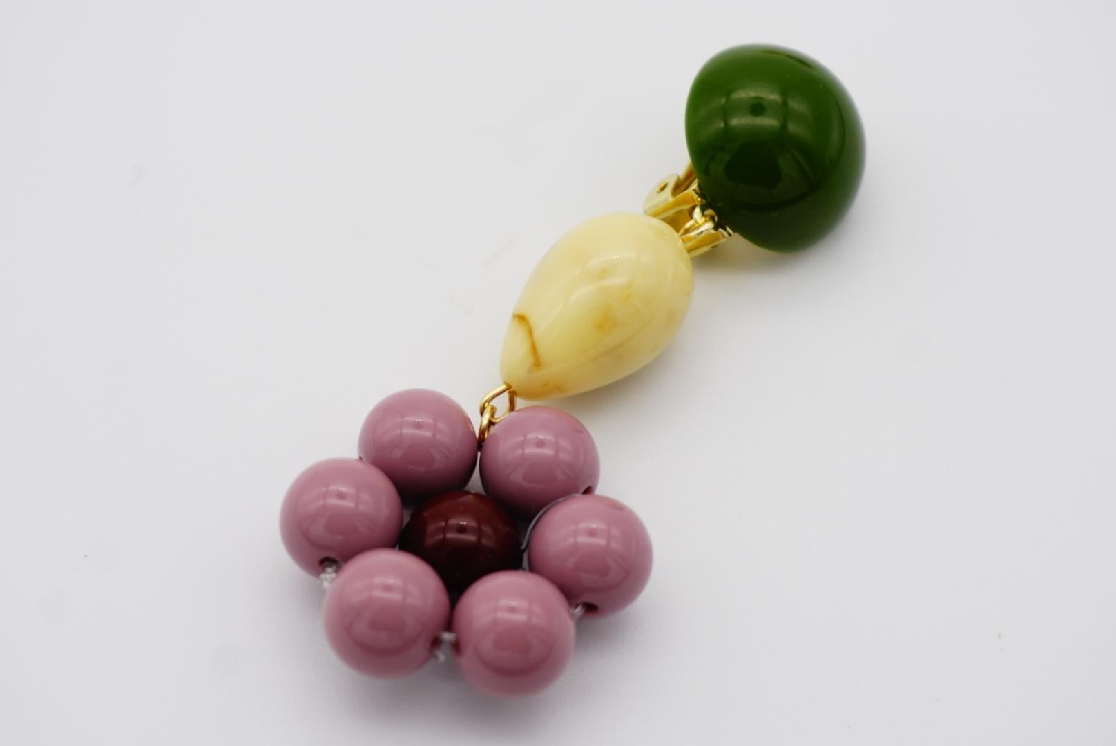 Asymmetric Dust Purple Flower Green Beige Pendant Chunky Drop Clip Earrings For Sale 4