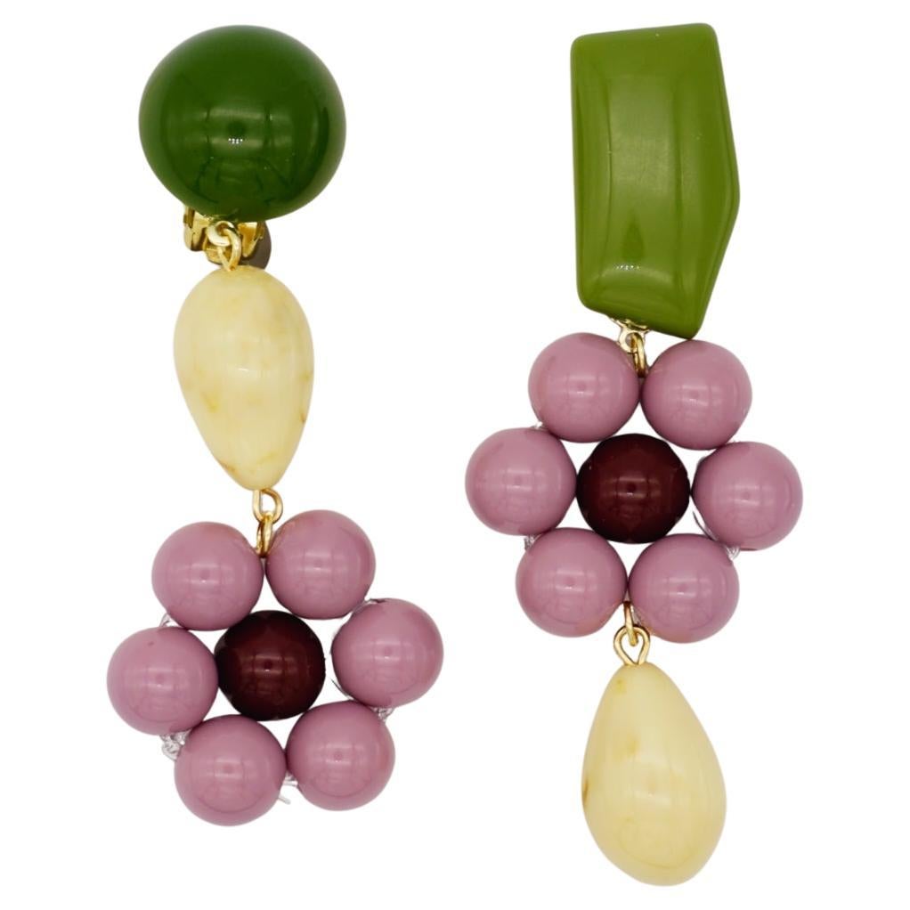 Asymmetric Dust Purple Flower Green Beige Pendant Chunky Drop Clip Earrings For Sale