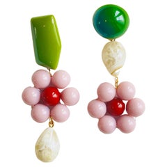 Asymmetric Dust Purple Flower Green Beige Pendant Chunky Drop Pierced Earrings