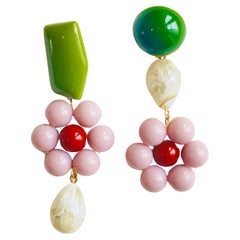 Asymmetric Dust Purple Flower Green Beige Pendant Chunky Drop Pierced Earrings
