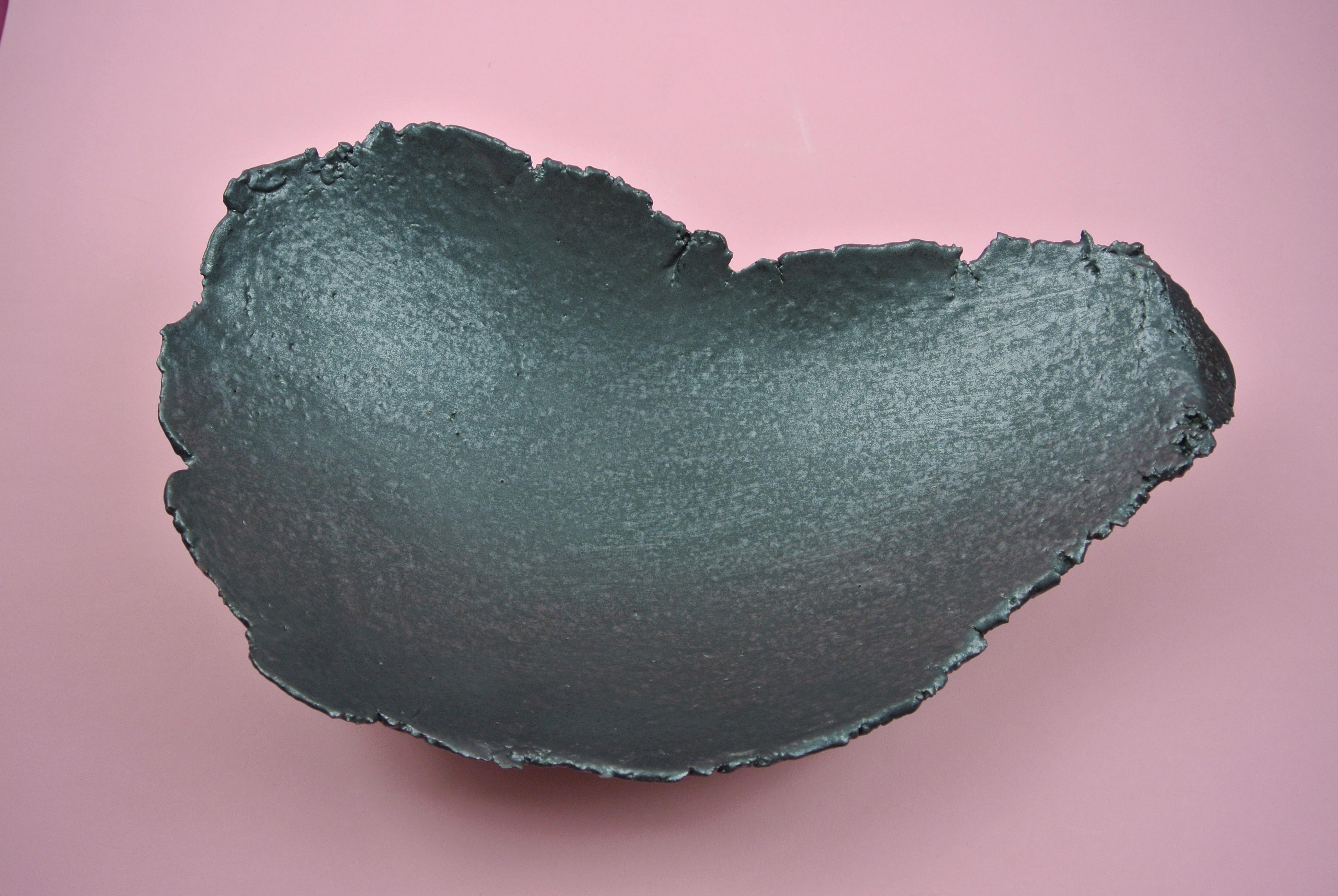 Organic Modern Asymmetric Grey Stoneware Bowl with Black Metallic Glaze For Sale