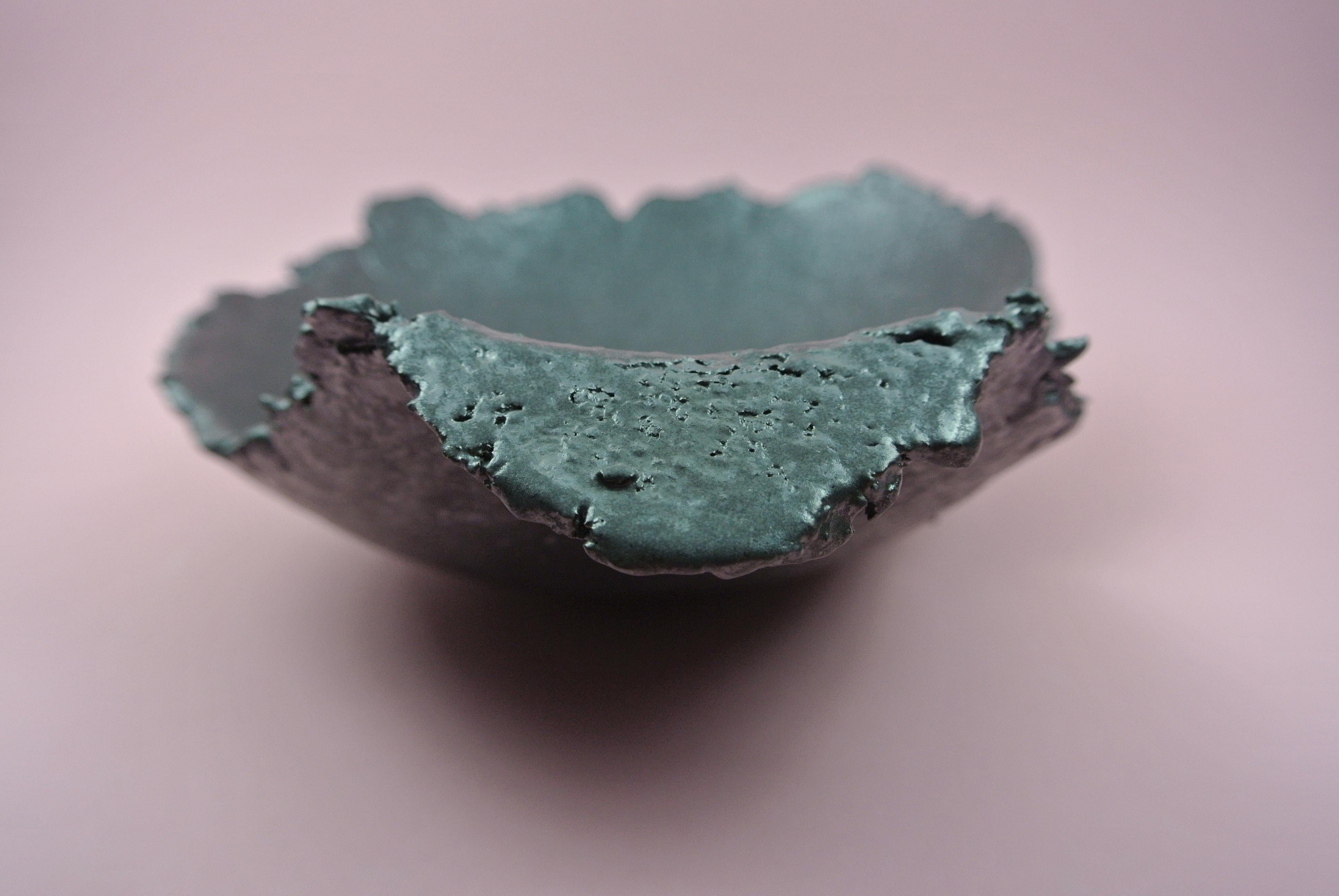 German Asymmetric Grey Stoneware Bowl with Black Metallic Glaze For Sale