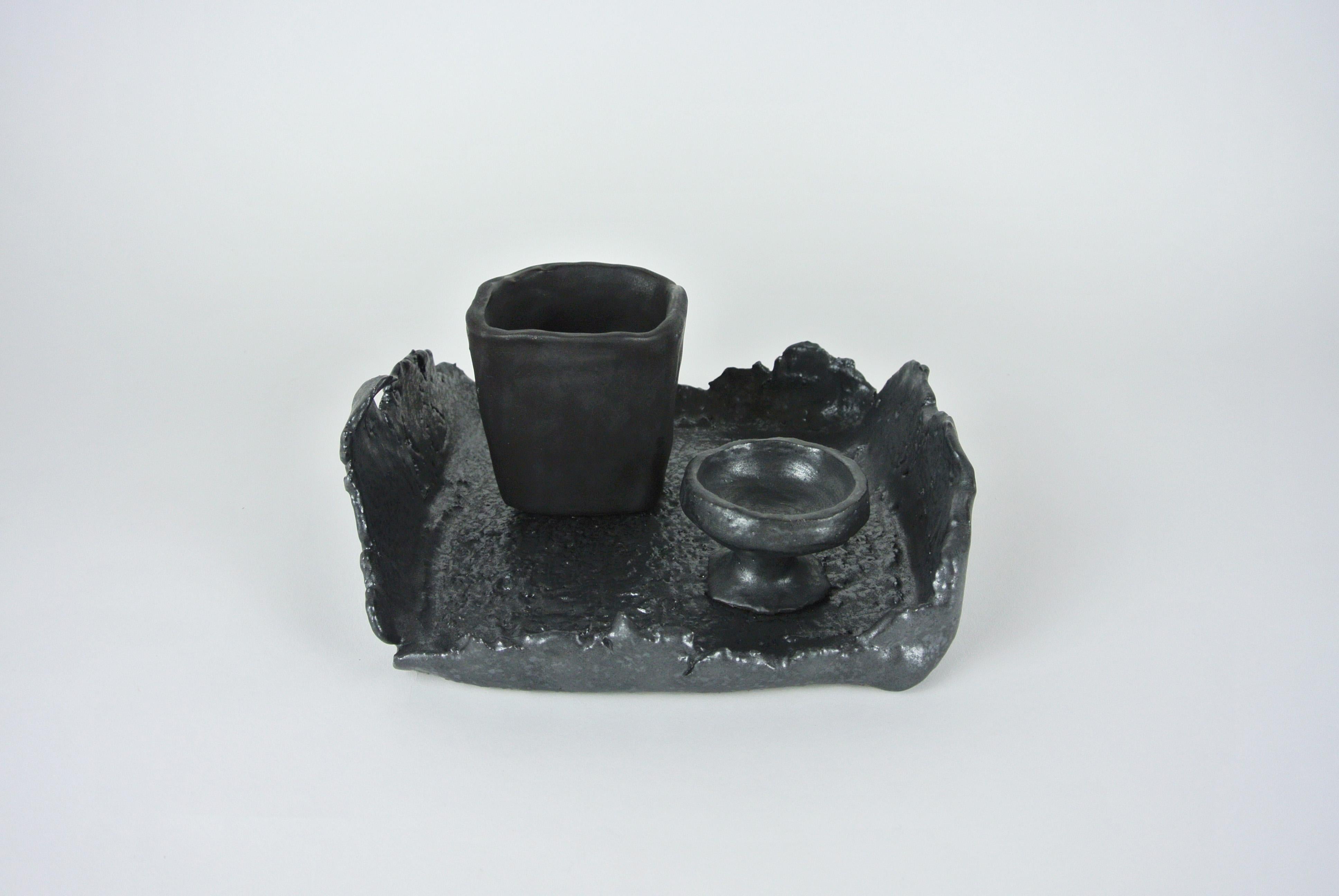 German Asymmetric Grey Stoneware Tray with Black Glaze