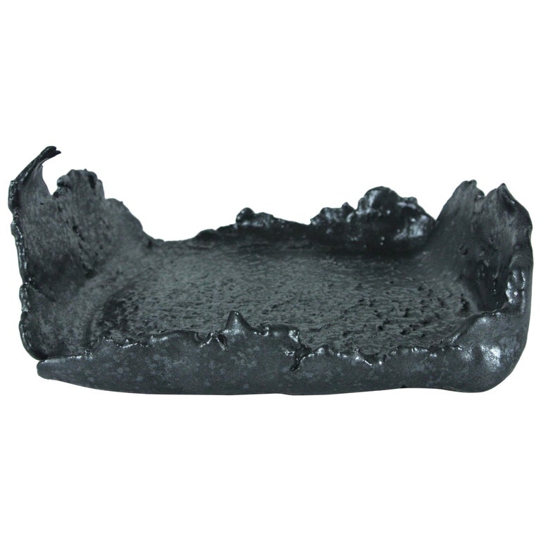 Christine Roland asymmetric gray stoneware tray with black glaze, 2018