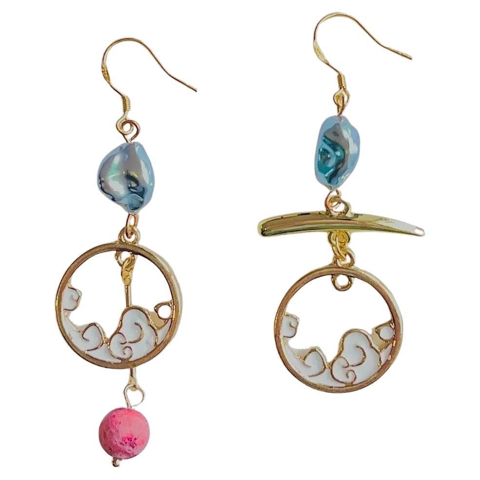 Boucles d'oreilles asymétriques japonaises Ukiyo-e en perles rondes avec pendentifs rétro Ukiyo-e