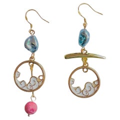 Asymmetric Japanese Ukiyo-e Cloud Round Pearl Retro Drop Pierced Earrings