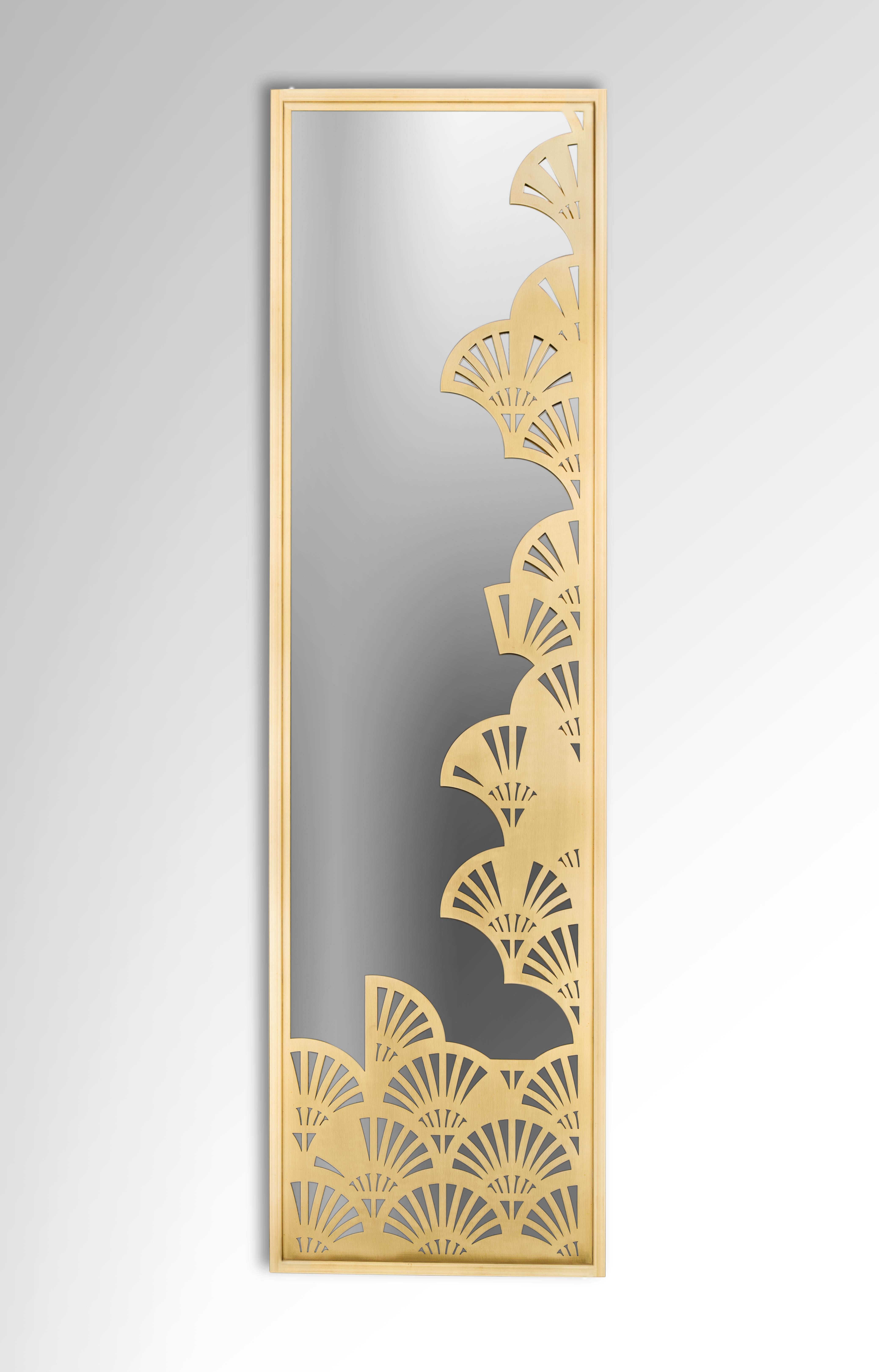 Asymmetric Lotus Pattern Brass Mirror Inspired from Ancient Egypt.
Add a sense of space to a room or hallway with our statement For The Love of Lotus brass accent mirror. The brass finish adds sophistication to your place and its innovative