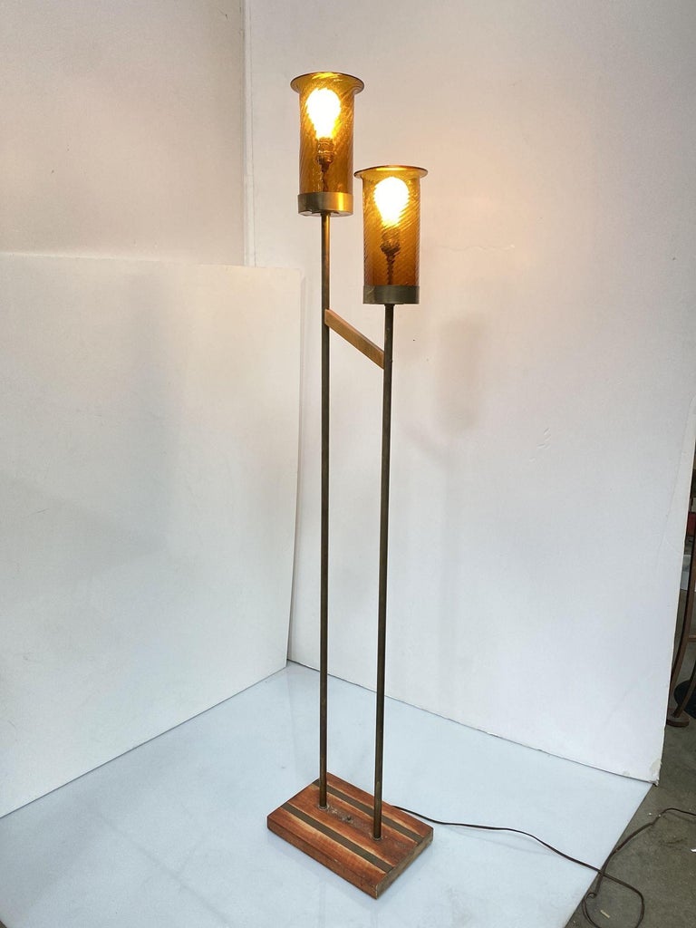 Asymmetric Midcentury Brass Torchiere Floor Lamp w/ Wood Base Smoked Swirl Glas For Sale at 1stDibs