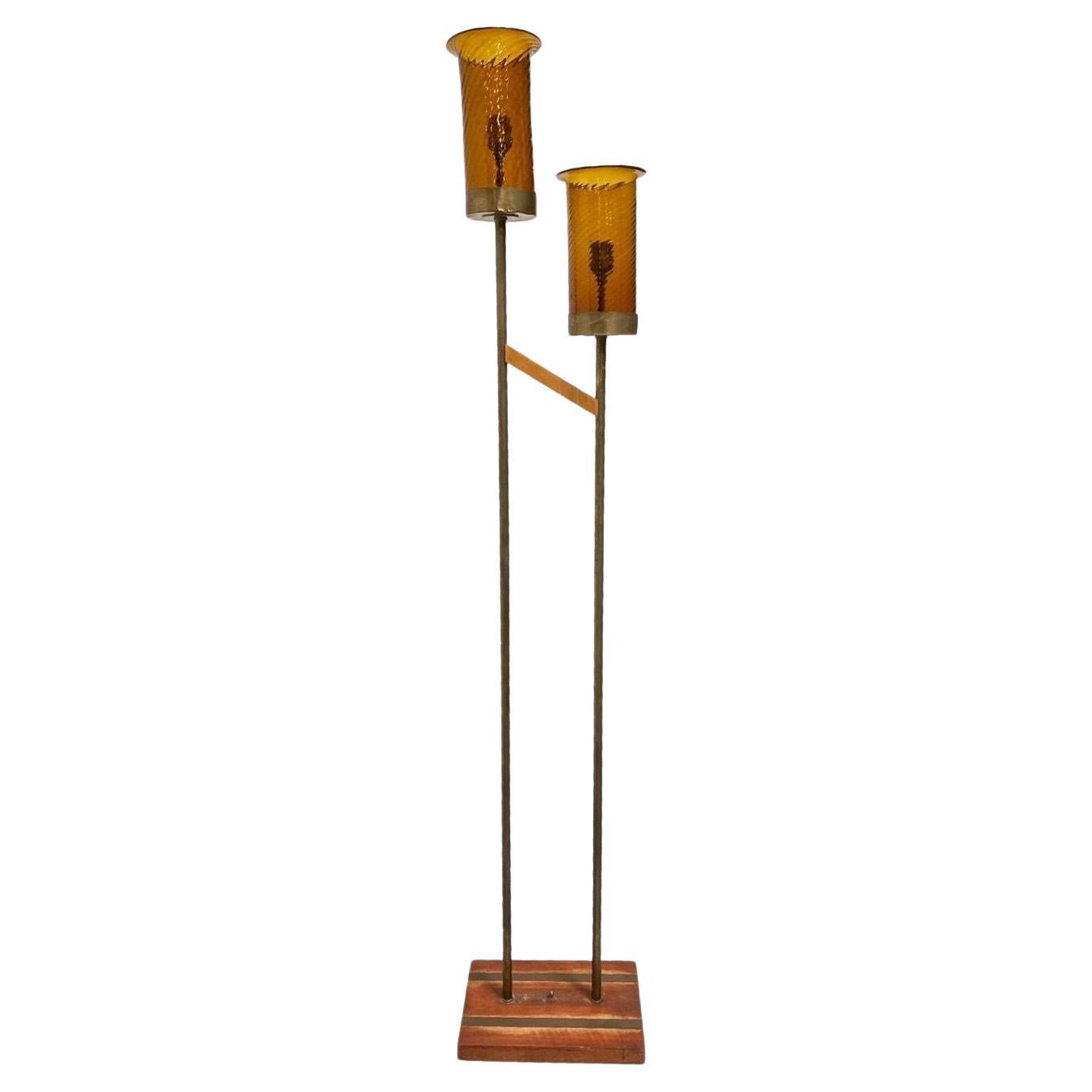 Asymmetric Mid-century Brass Torchiere Floor Lamp w/ Wood Base Smoked Swirl Glas For Sale