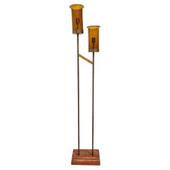 Asymmetric Mid-century Brass Torchiere Floor Lamp w/ Wood Base Smoked Swirl Glas