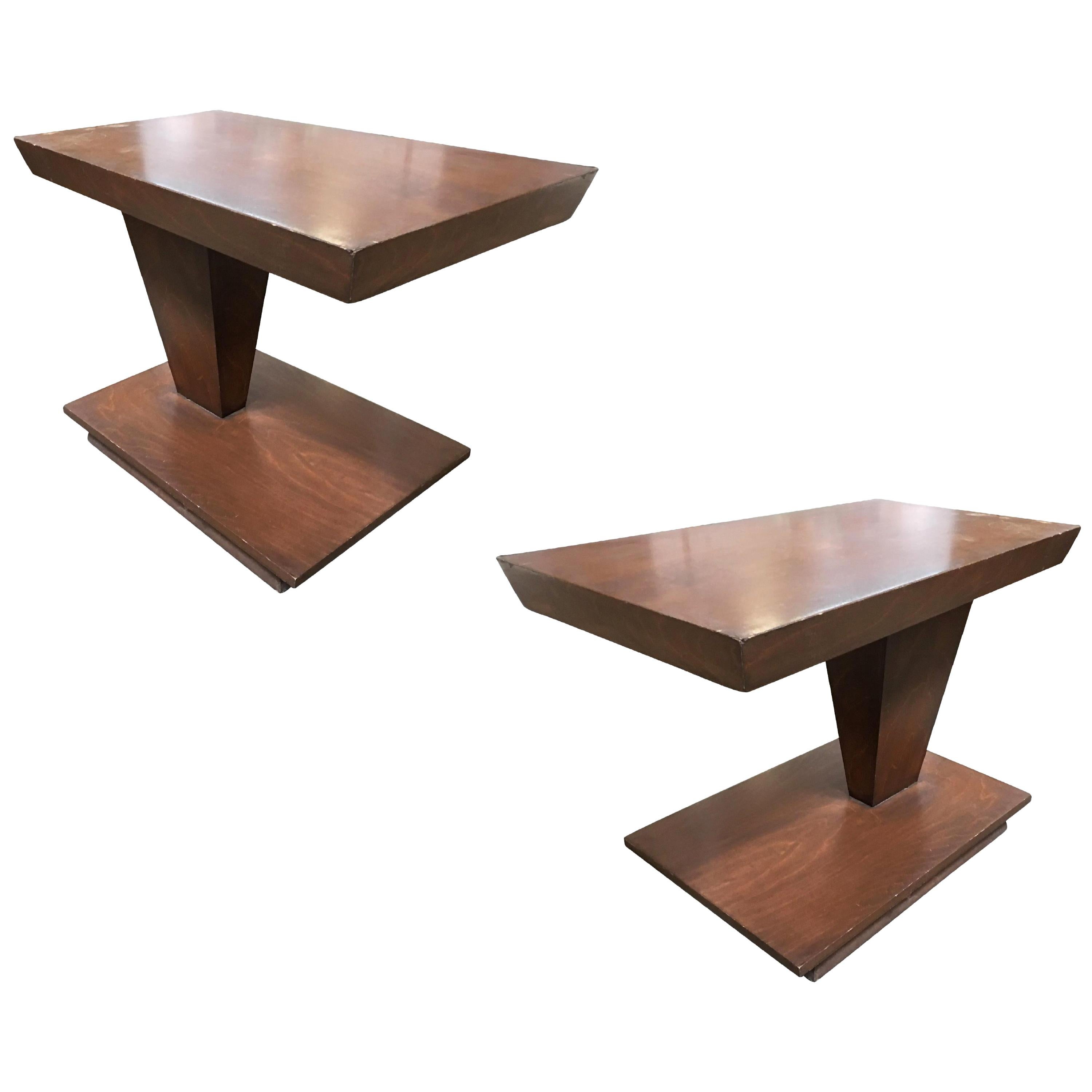 Asymmetric Midcentury Walnut Side Table, Pair