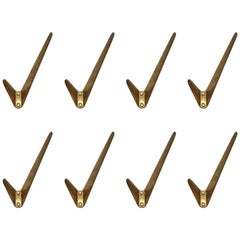 Asymmetric Modernist Wall Mounted Brass Wall Hooks Set of Eight, Austria 1950s