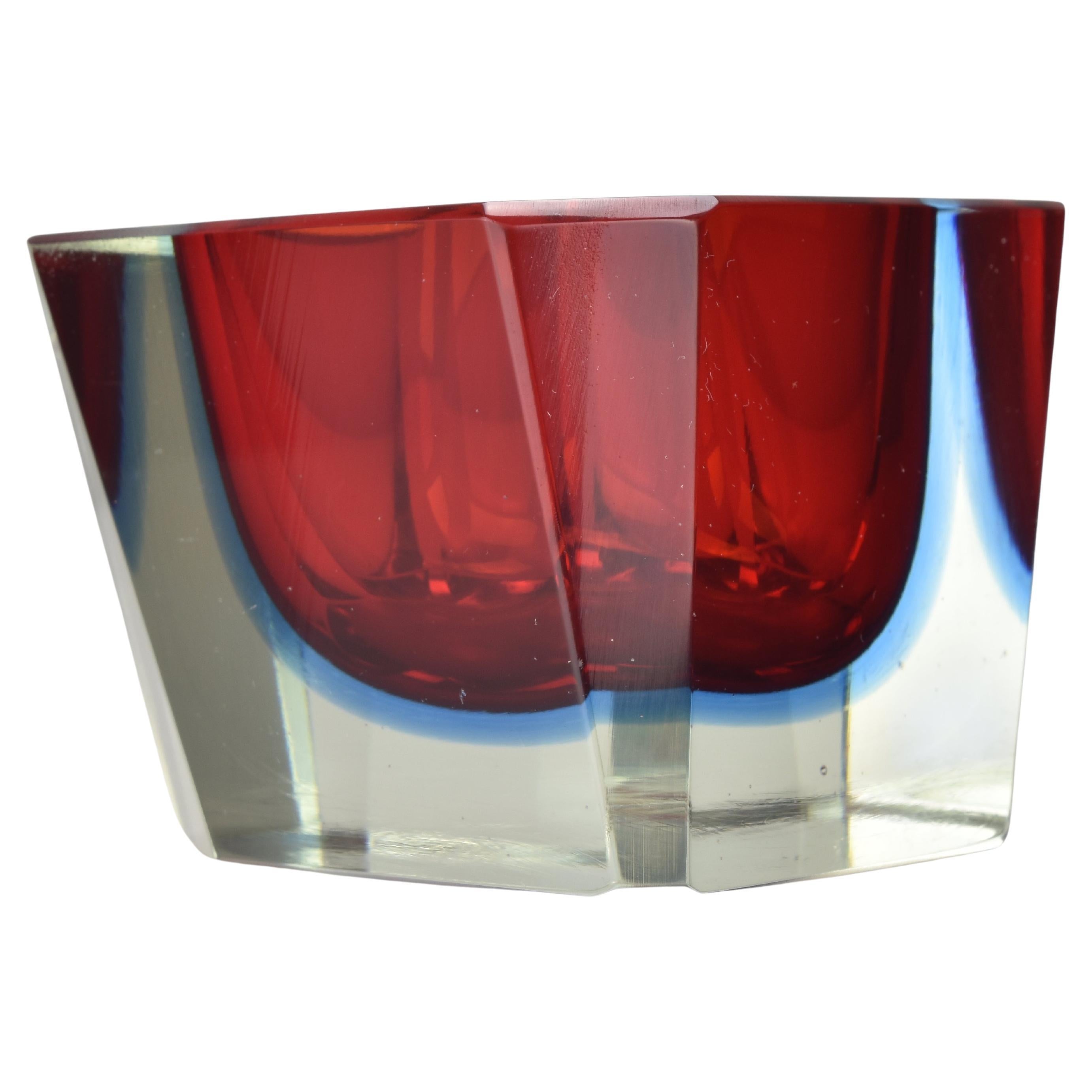 Asymmetric Murano Sommerso Red 
Blue Faceted Block Dish by Flavio Poli