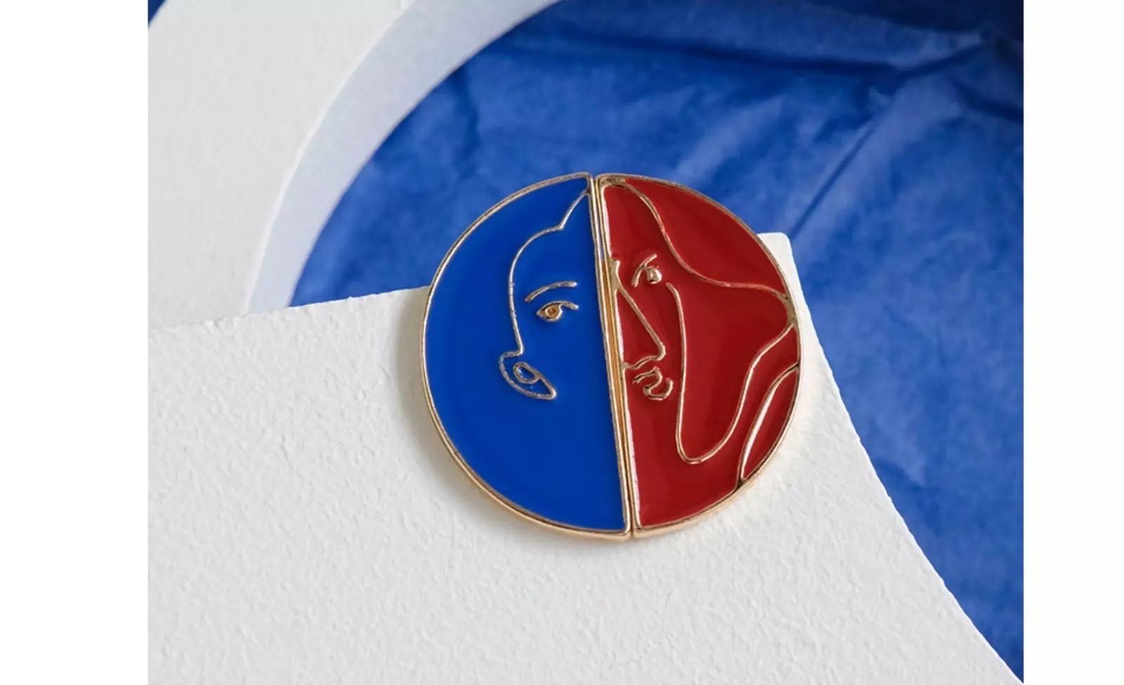 Art Deco Asymmetric Navy Red Semicircle Abstract Women Lady Portrait Enamel Clip Earrings For Sale