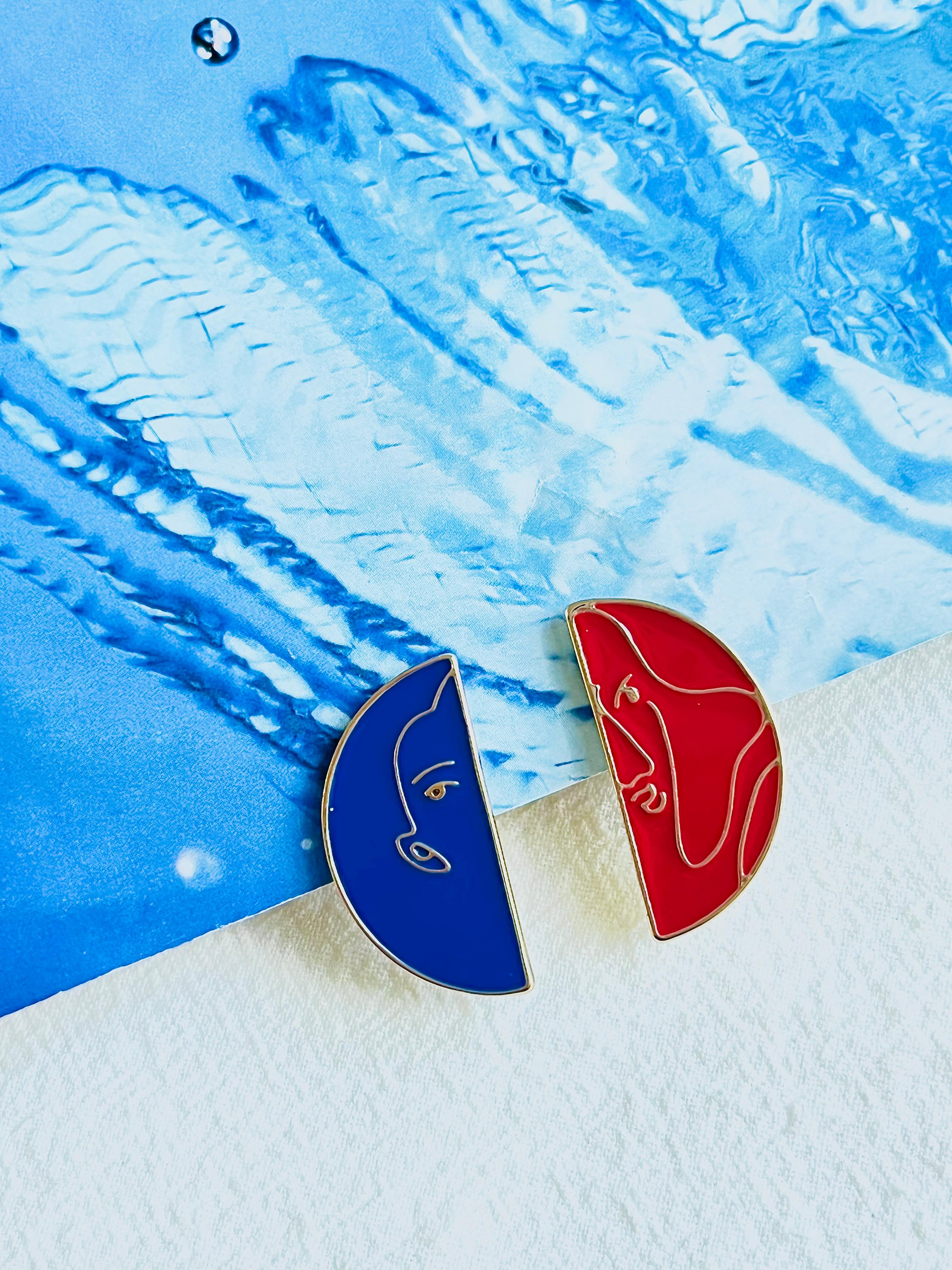 Women's or Men's Asymmetric Navy Red Semicircle Abstract Women Lady Portrait Enamel Clip Earrings For Sale