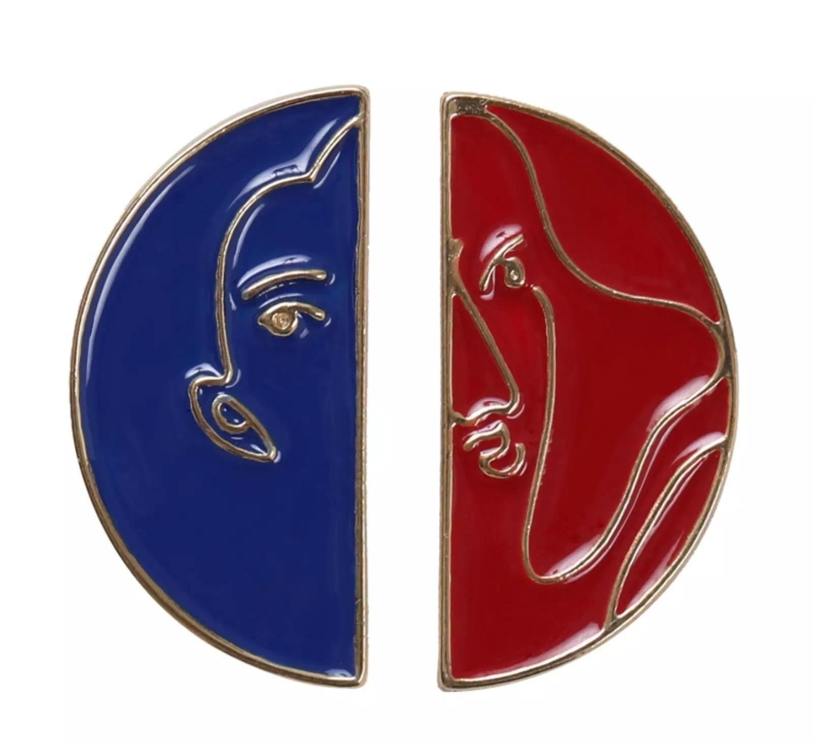Asymmetric Navy Red Semicircle Abstract Women Lady Portrait Enamel Clip Earrings For Sale 4
