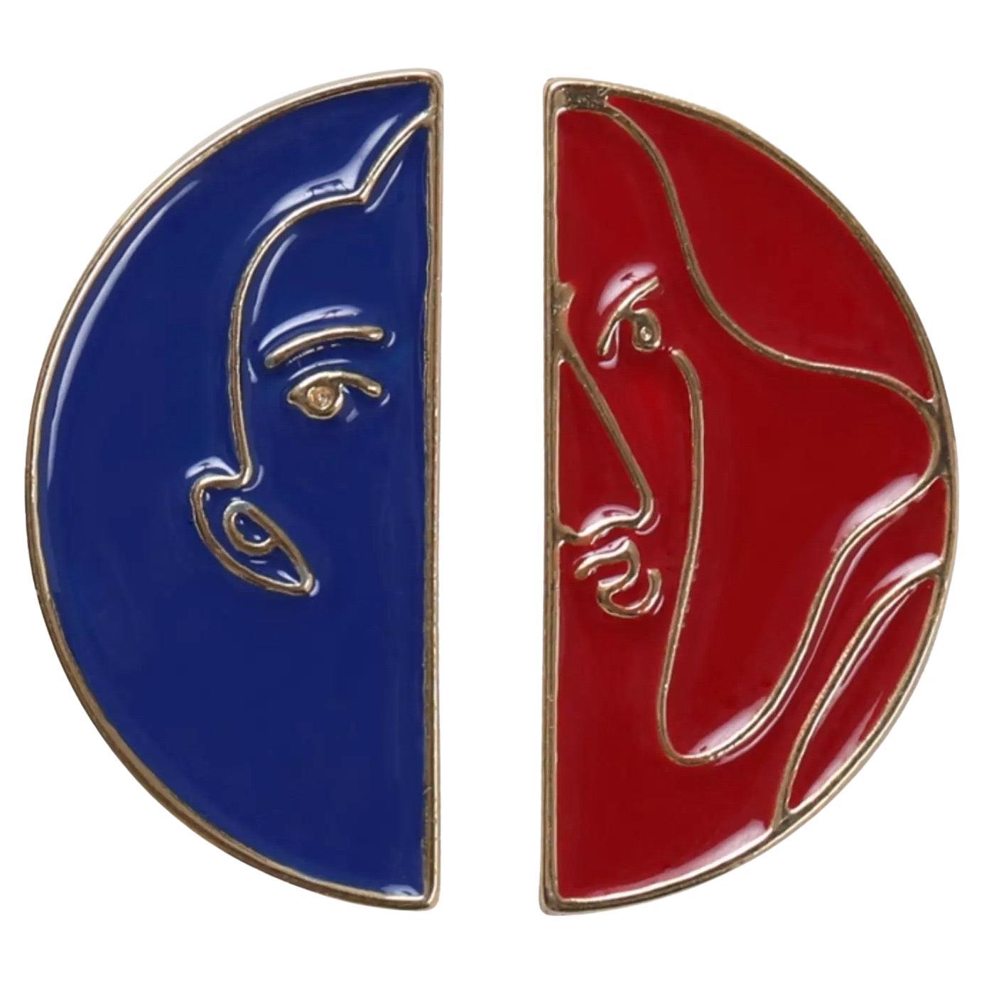 Asymmetric Navy Red Semicircle Abstract Women Lady Portrait Enamel Clip Earrings For Sale