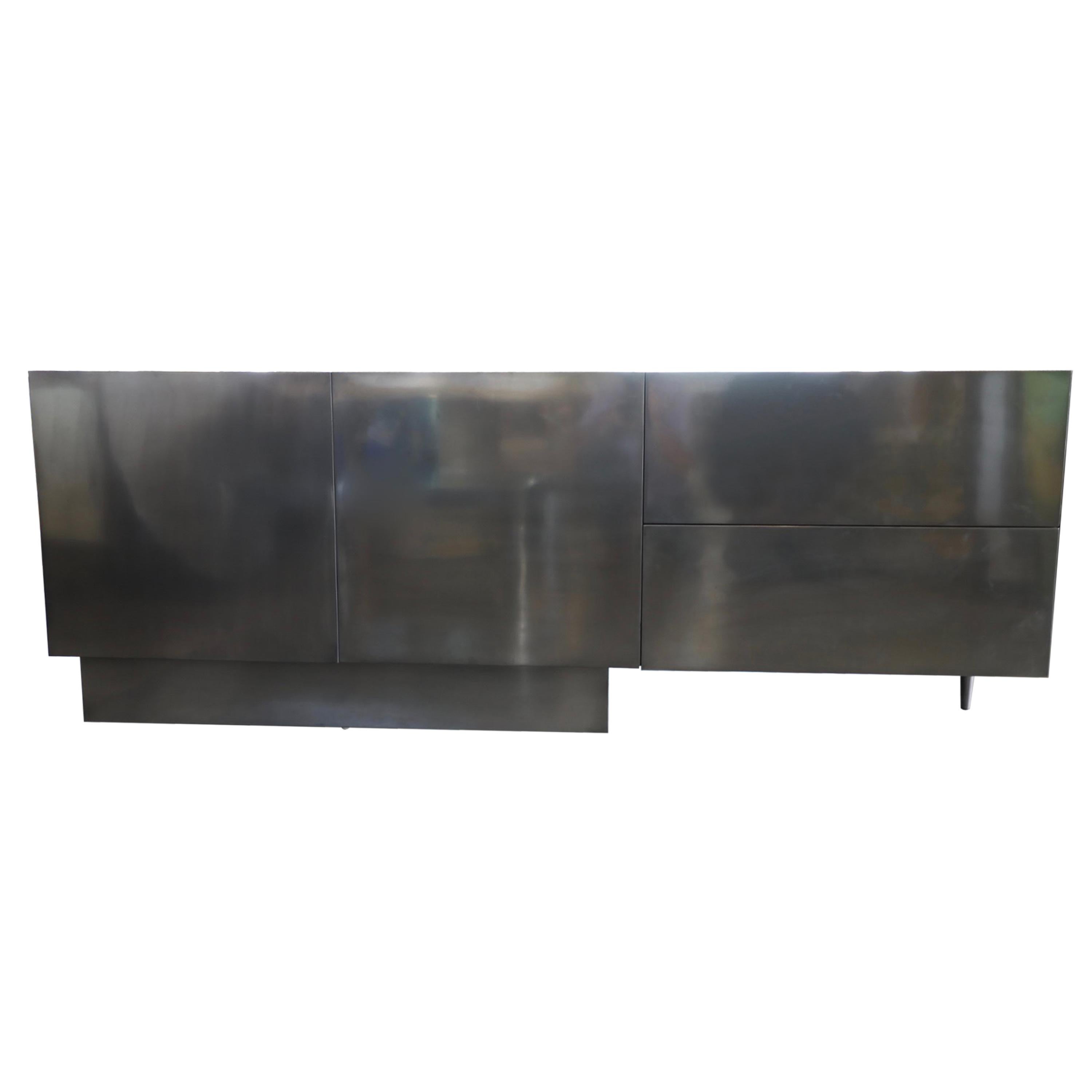 Asymmetric One Leg Credenza in Stainless Steel and Wood